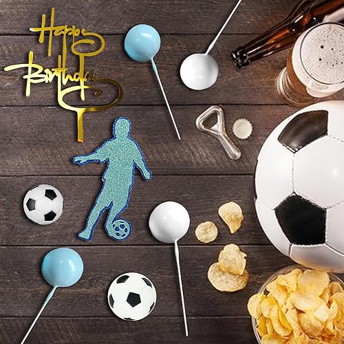 Miniatura 3 de 28 piezas de decoración de pastel de fútbol para niños, decoración de cupcakes deportivos con bolas azules y blancas y mini pelotas de fútbol para