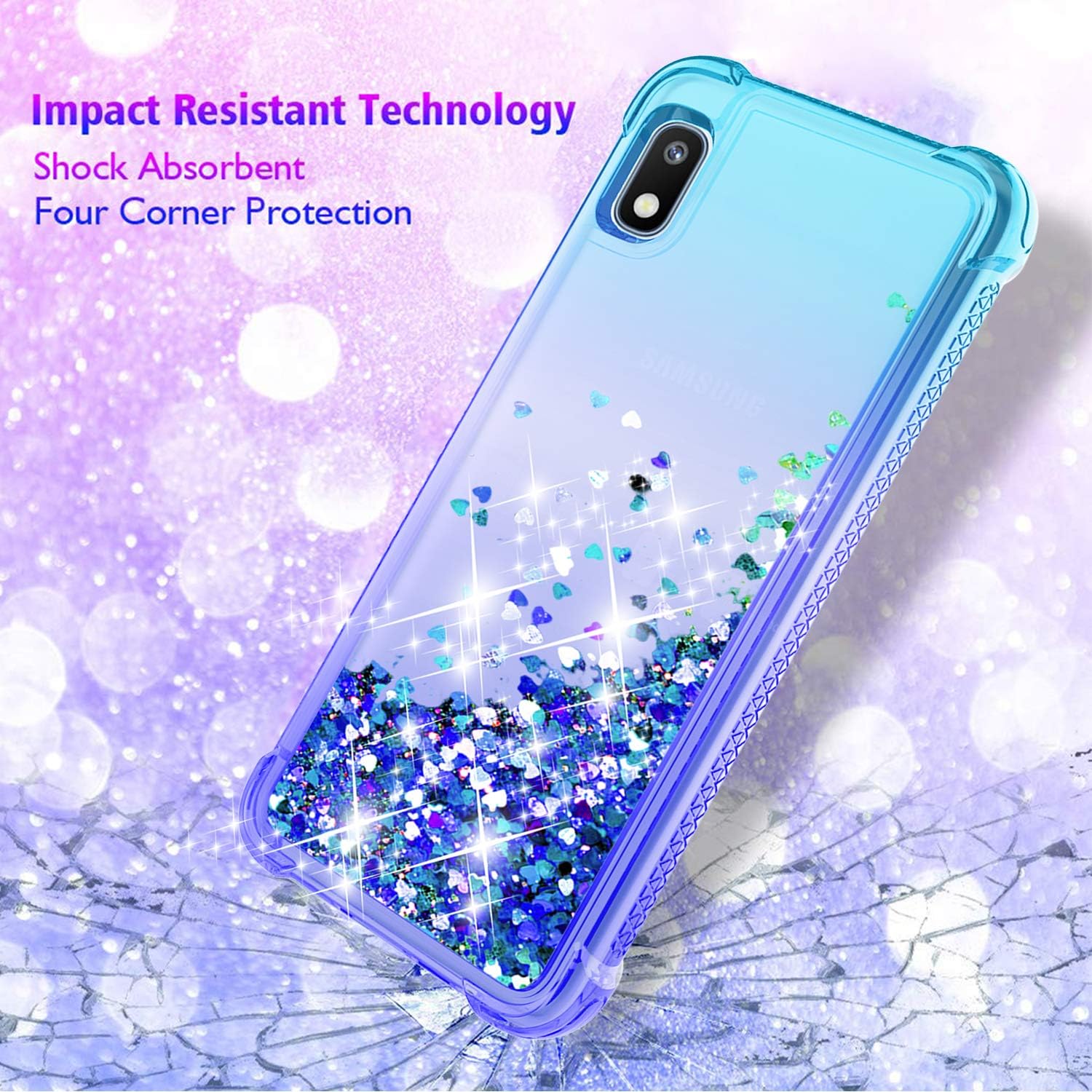 iCoold Samsung Galaxy A10e case,w/Screen Protector[2 Pack],Four-Corner Glitter Bling Floating Quicksand Silicone Slim Non-slip Shockproof Bumper Protective TPU Cover for Girls Women (Teal/Blue)