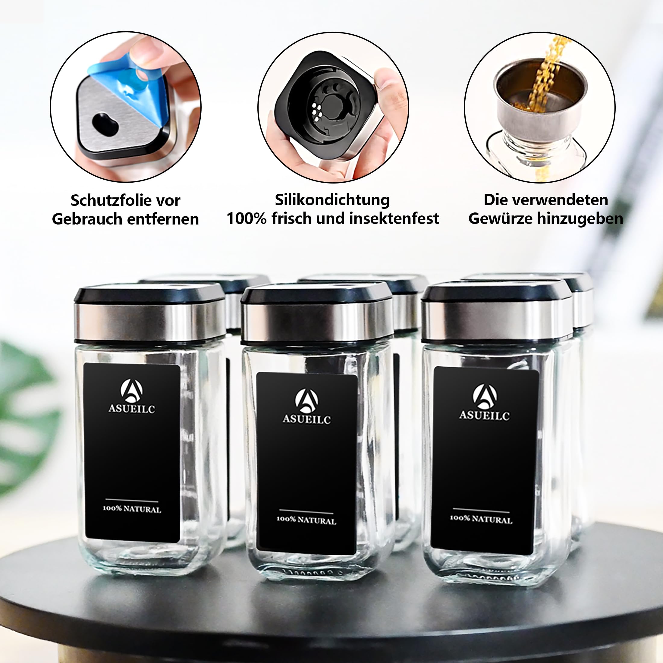 SAEIV Lot de 35 pots à épices carrés de 120 ml | Insert à saupoudrer à 3 niveaux (trois calibres) | Boîtes à épices avec couvercle rotatif et étiquettes | Organiseur à épices en verre hermétique |