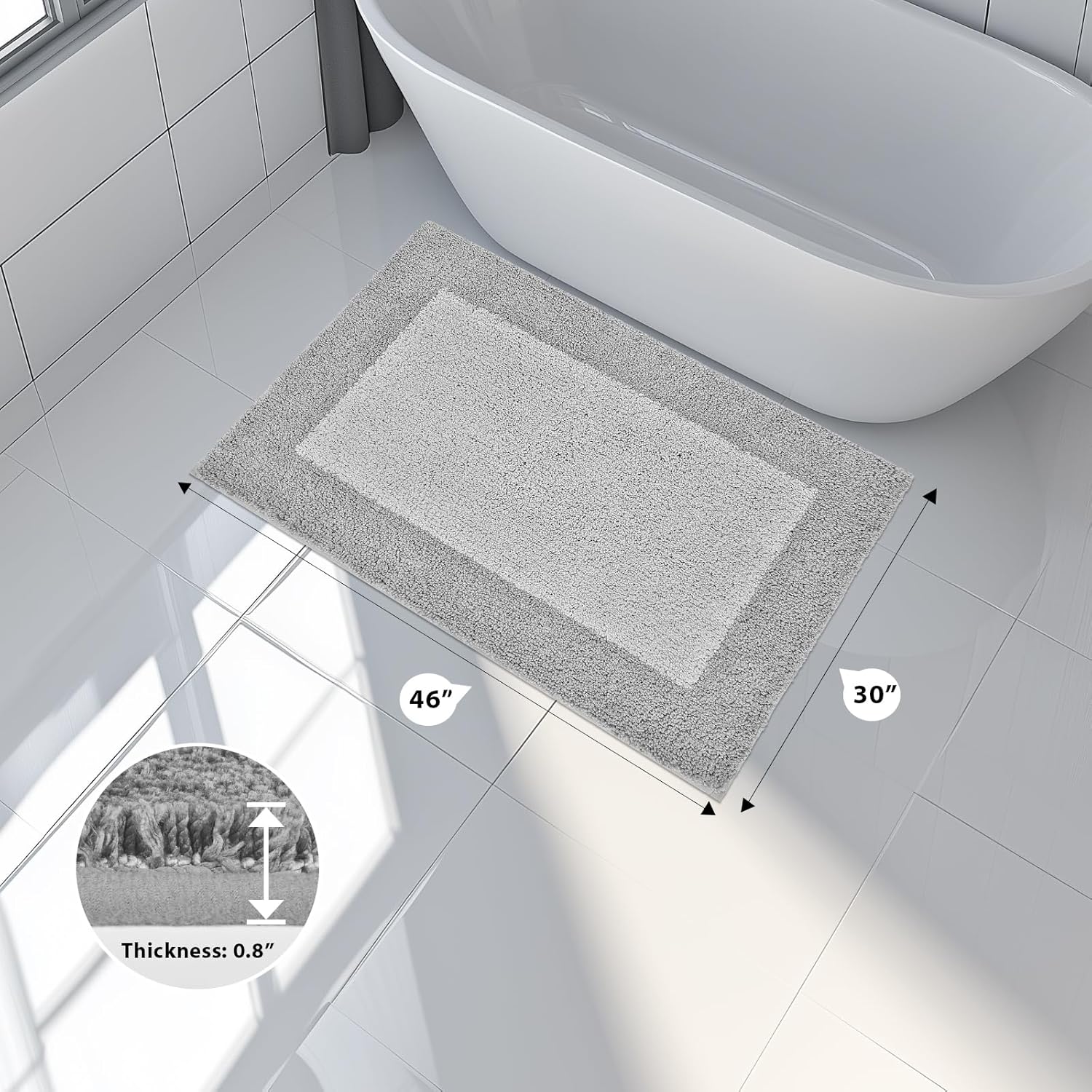 Bathroom Rugs 30" x 46", Non-Slip Extra Soft Absorbent Bath Rugs, Machine Washable Quick Dry Bath Mats for Bathroom Floor, Shower, Bathtub and Sink, Light Grey & Grey - Image 2