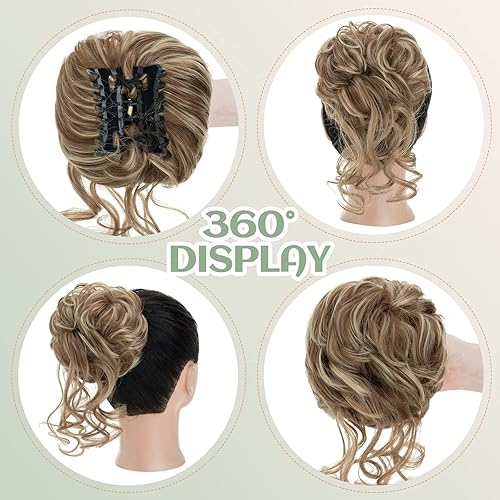 Miniatura 4 de S-noilite Extensiones de cabello rubio ondulado con clip de garra, extensiones de moño con clip de garra, extensiones de moño para mujer