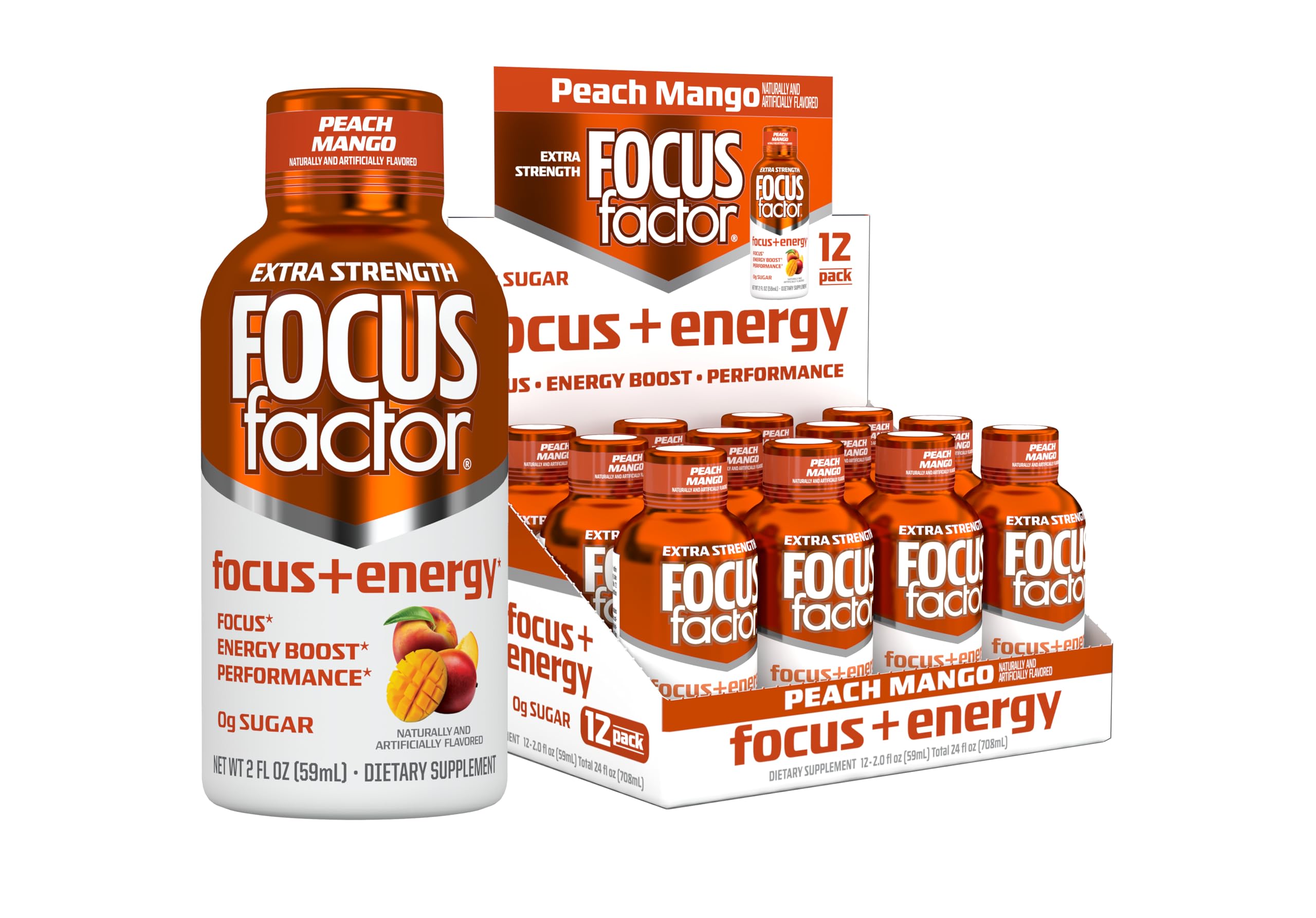 Focus Factor Extra Strength Focus + Energy Shots - 12 x 2oz Bottles (Peach Mango Flavor) - Powered by Nootropics with Caffeine, L-Theanine, Ginkgo, Bacopa, L-Tyrosine, Alpha GPC 2 Fl Oz (Pack of 12)