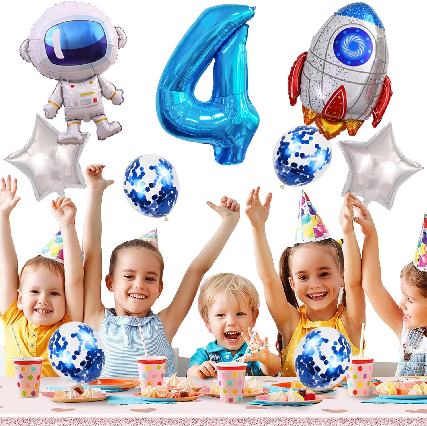 Astronaut Rocket 4th Birthday Party Balloons Jumbo Spaceman Birthday Balloons Outer Space Theme Foil Balloons 32 Inch Blue Number 4 Helium Balloon for Birthday Party