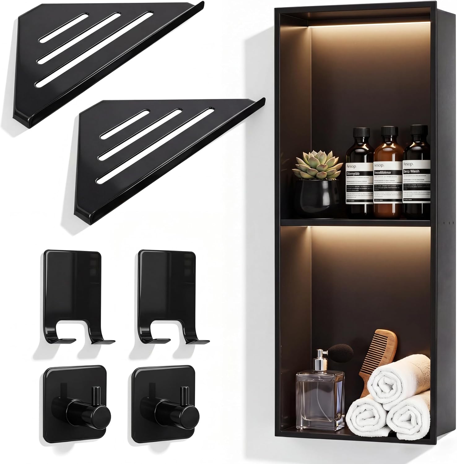 Leinuosen 2-tier LED Shower Niche No Tile Needed, 27.6'' x 11'' Matte Black Stainless Steel Recessed Wall Niche with Razor Holders, Wall Hooks for Bathroom Storage, 4000k Warm LED Light, Waterproof