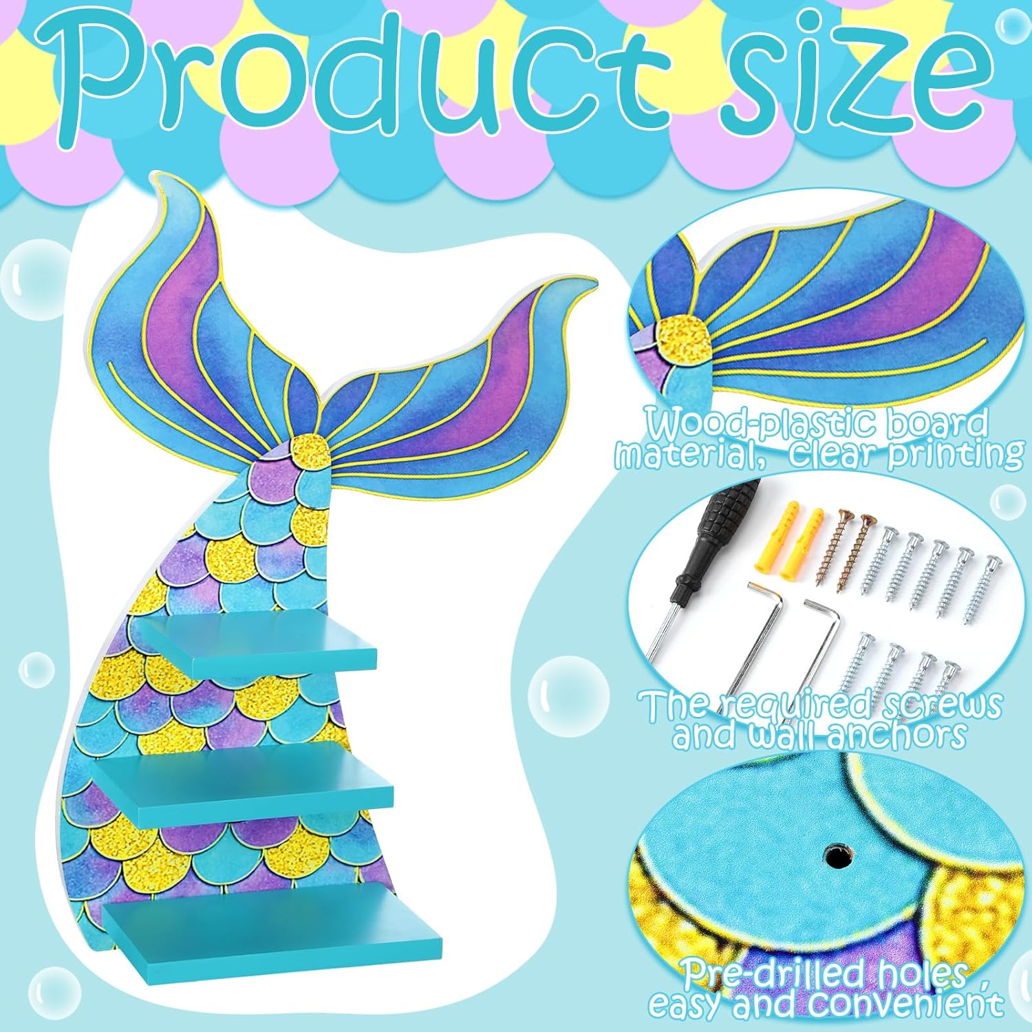 Bencailor 壁装飾棚 寝室吊り下げ棚 壁掛け木製フローティングバスルーム装飾 女の子の寝室/保育園のギフトに (ブルーマーメ