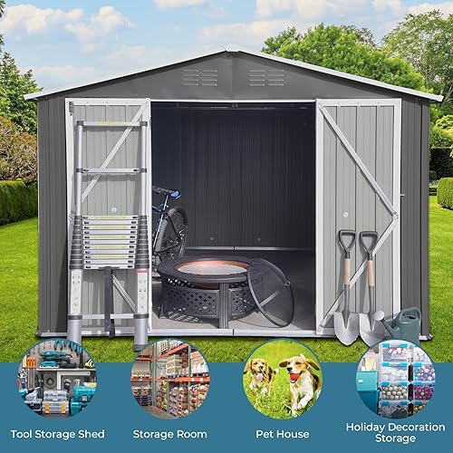 Miniatura 3 de Cobertizo de almacenamiento para exteriores de 10 x 8 pies, cobertizos de metal para todo tipo de clima con base de metal y puertas con cerradura,