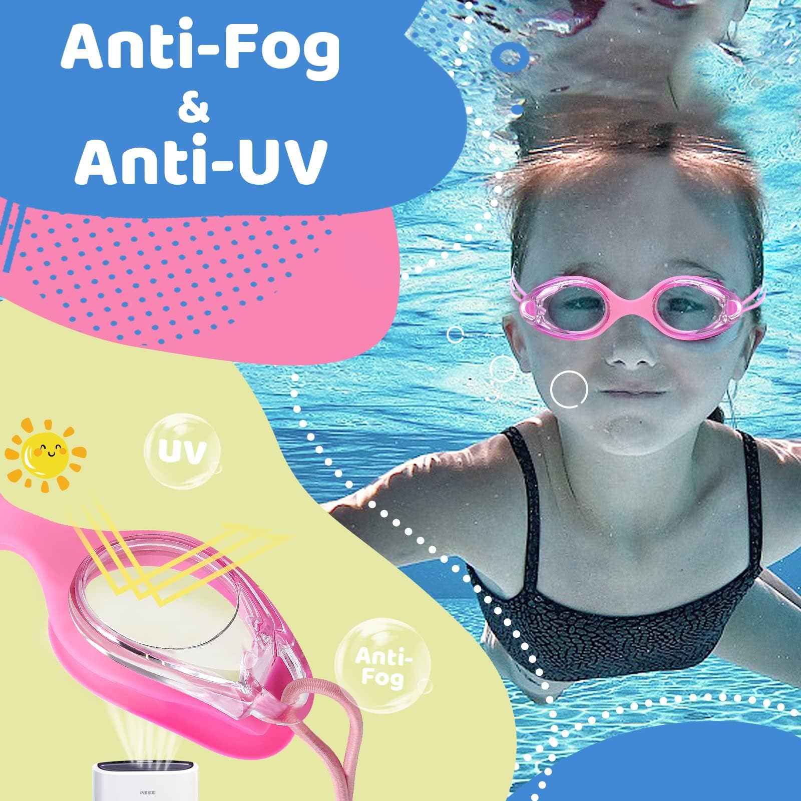 Vvinca Lunettes de natation pour enfants avec sangle élastique sans fuite, anti-buée, avec réglage rapide pour enfants de 3 à 14 ans