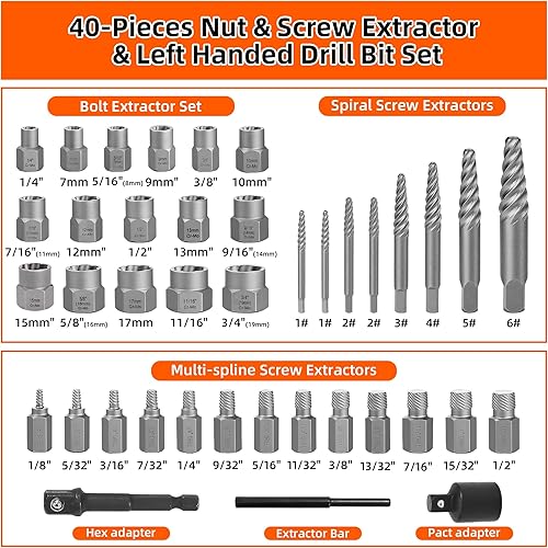 Miniatura 3 de Juego de 40 extractores de tornillos, 2 en 1 cabeza hexagonal, extractor de tuercas multieslínea de 38 pulgadas, juego de extractor de pernos de