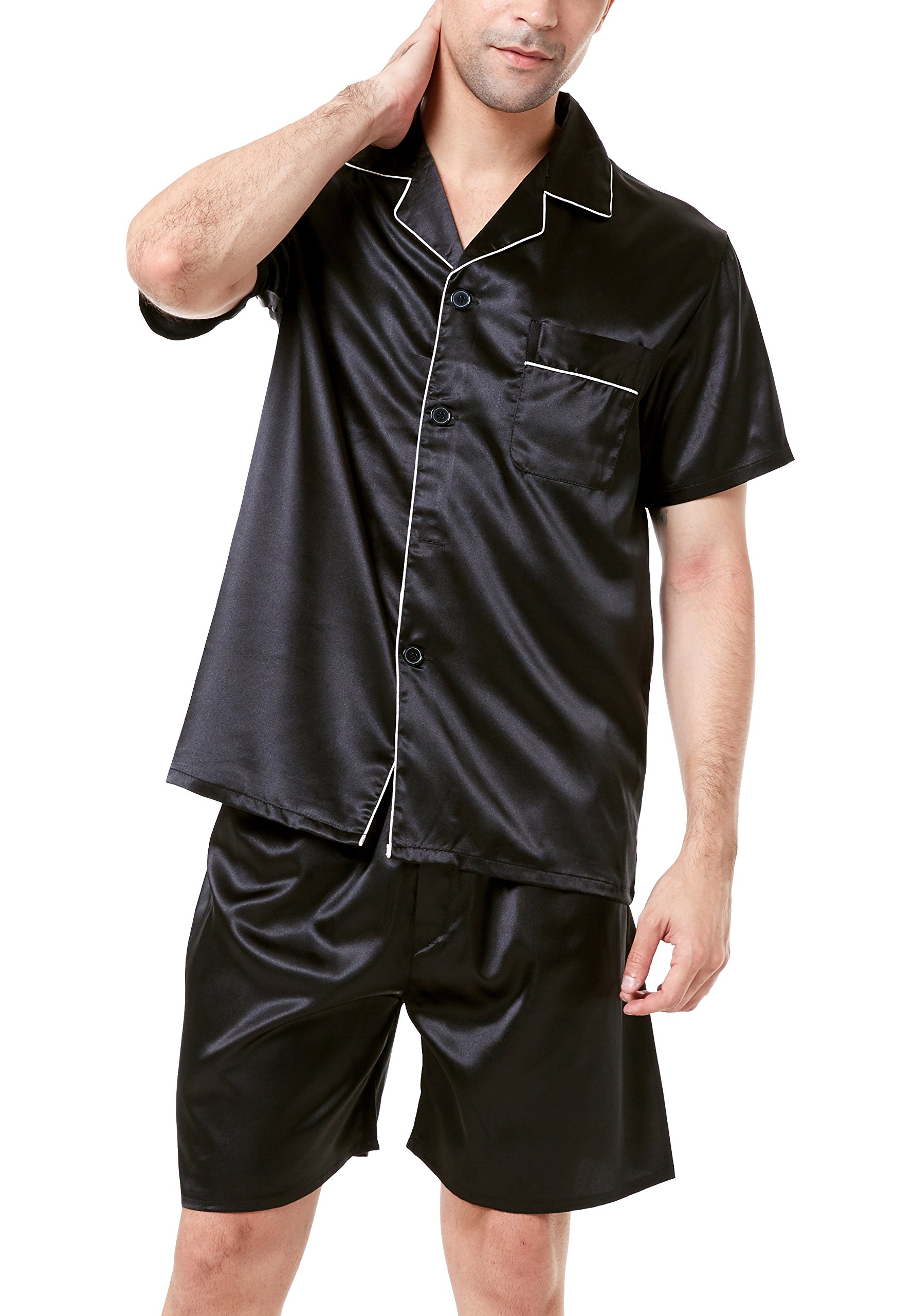 Conjunto de pijama de satén de manga corta para hombre con pantalones cortos