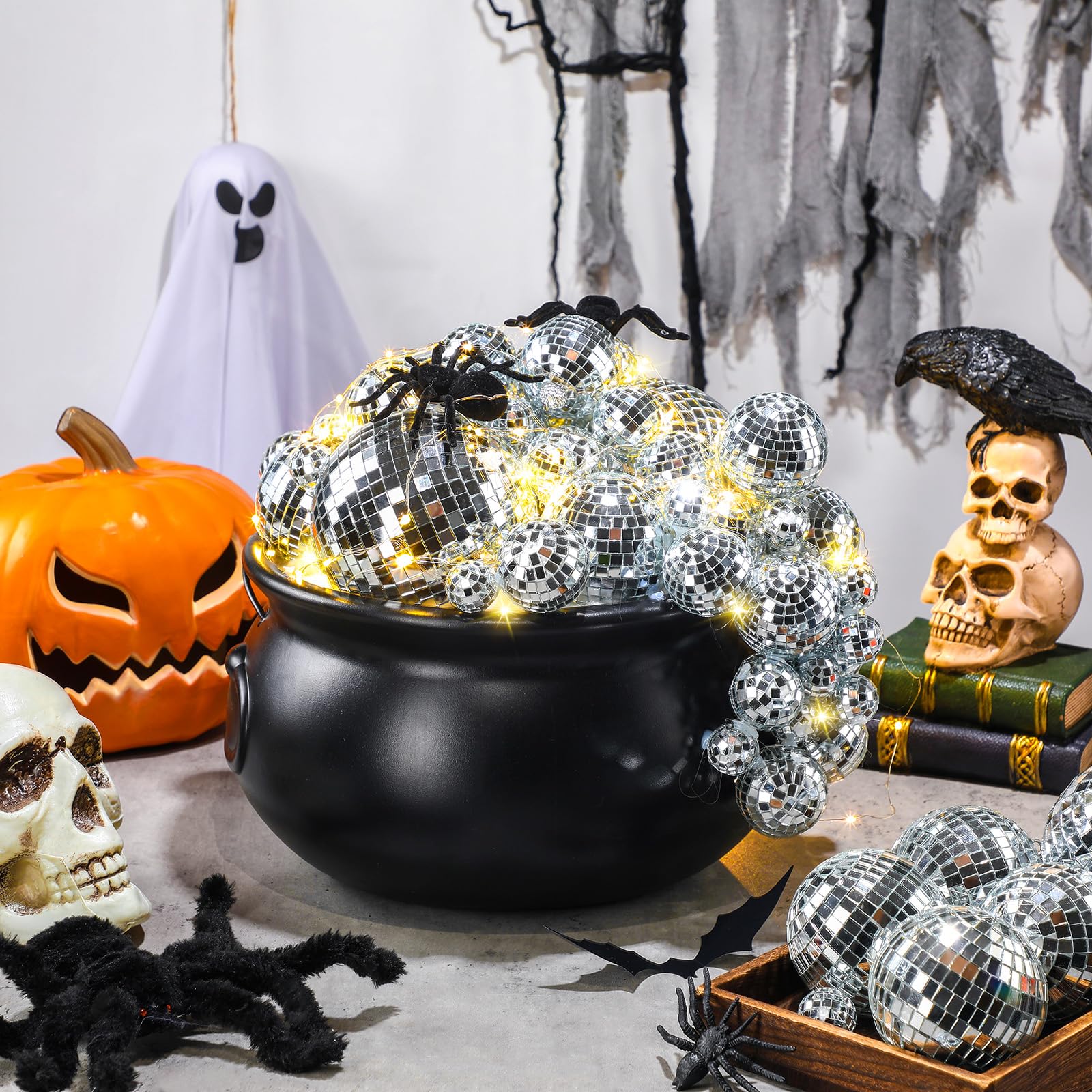 Colingmill Grand chaudron de sorcière en plastique noir avec araignées pour Halloween