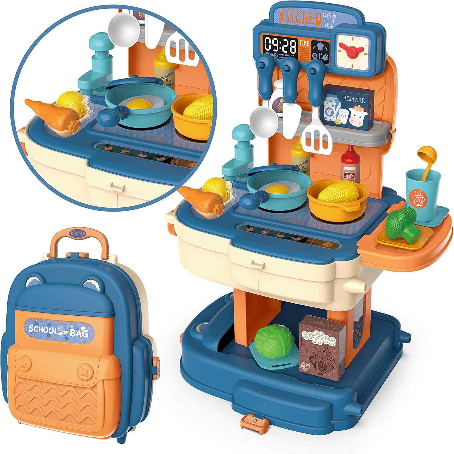 JOYIN Little Kitchen Pretend Playset with Portable Backpack Kids Toy Kitchen Cookware Including Play Food, Pots, Pans, Cooking Utensils and Other Accessories for Girls Boys