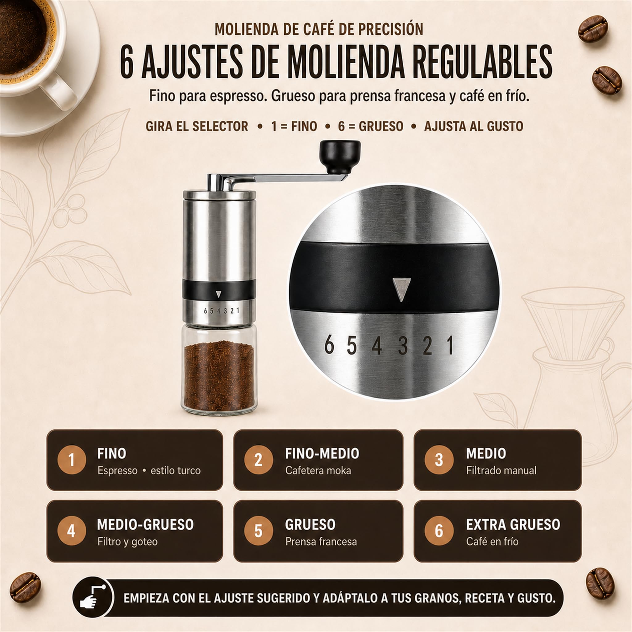 Molinillo de café manual plateado con 2 recipientes de cristal | Molinillo de cerámica de acero inoxidable para café expreso, café de filtro, prensa francesa, camping