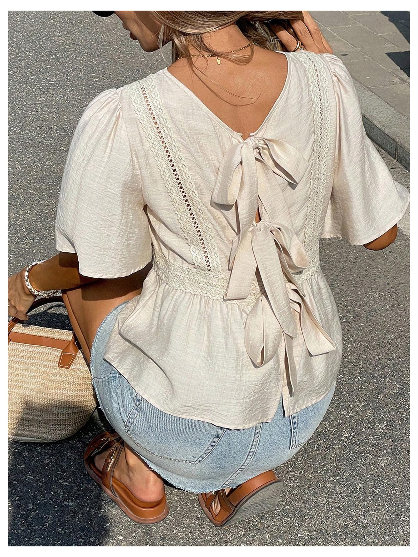 MakeMeChic Women's Bow Tie Back Blouse Crew Neck Ruffle Short Sleeve Shirt Tops