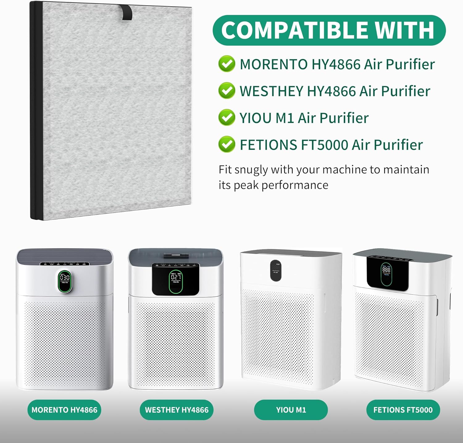 4 Packs Premium HY4866 Replacement Filter Compatible with MORENTO HY4866, WESTHEY HY4866, YIOU M1 and FETIONS FT5000 Air Cleaner Purifiers, Pet Dander Version, Green - Image 2