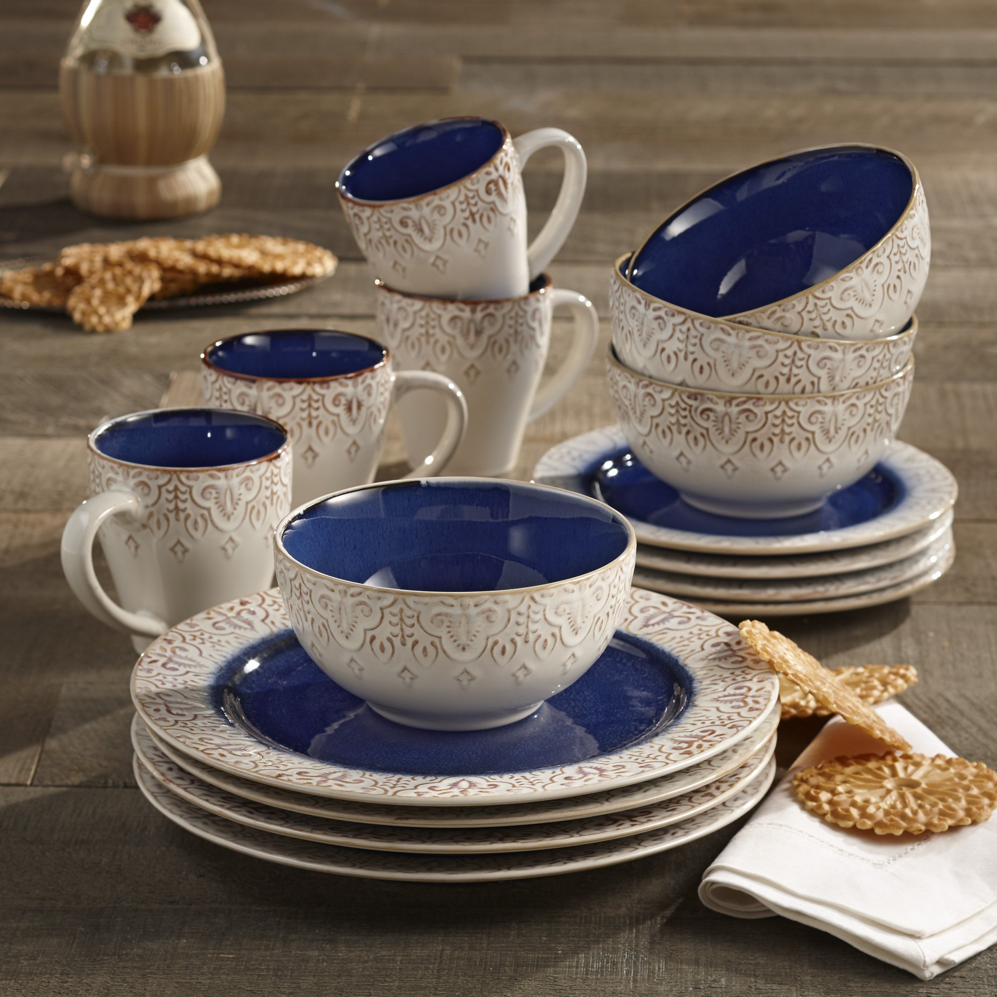 American Atelier Granada 16-Piece Stoneware Dinnerware Set - Blue New