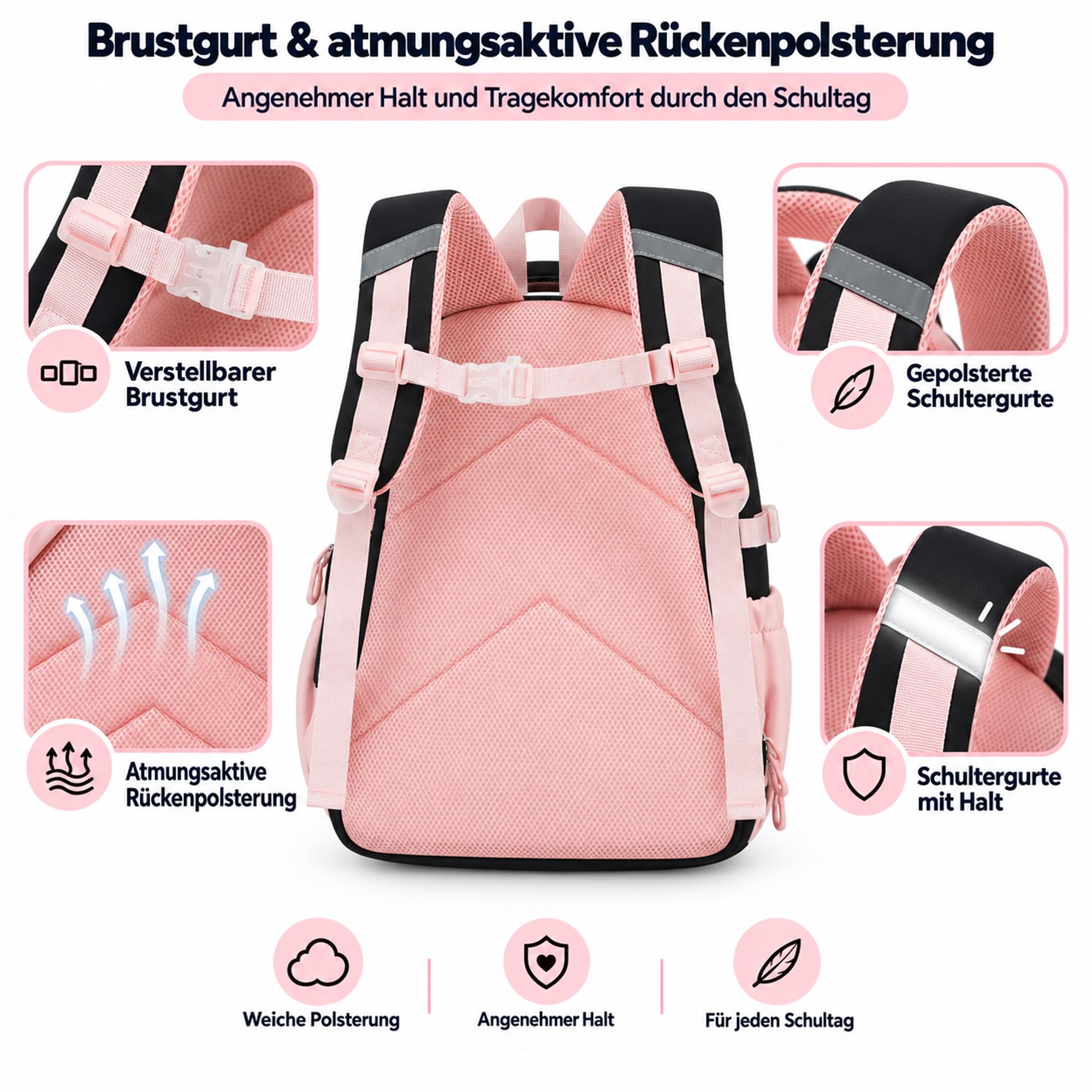 Schulrucksack Mädchen Teenager Damen Schultasche Rucksack Set Schulranzen für Mädchen Schule 3-teilig Lässig Rucksack mit Lunchpaket Tasche und Mäppchen (Schwarz Rosa)