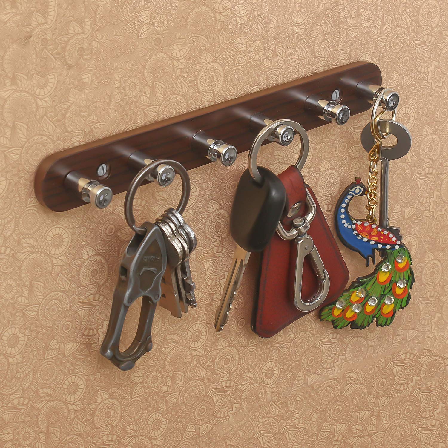 Webelkart JaipurCrafts aluminiowy i ABS dekoracyjny 6-pinowy uchwyt na klucze z wykończeniem orzechowym (2,50 x 20,00 x 3,00 cm)