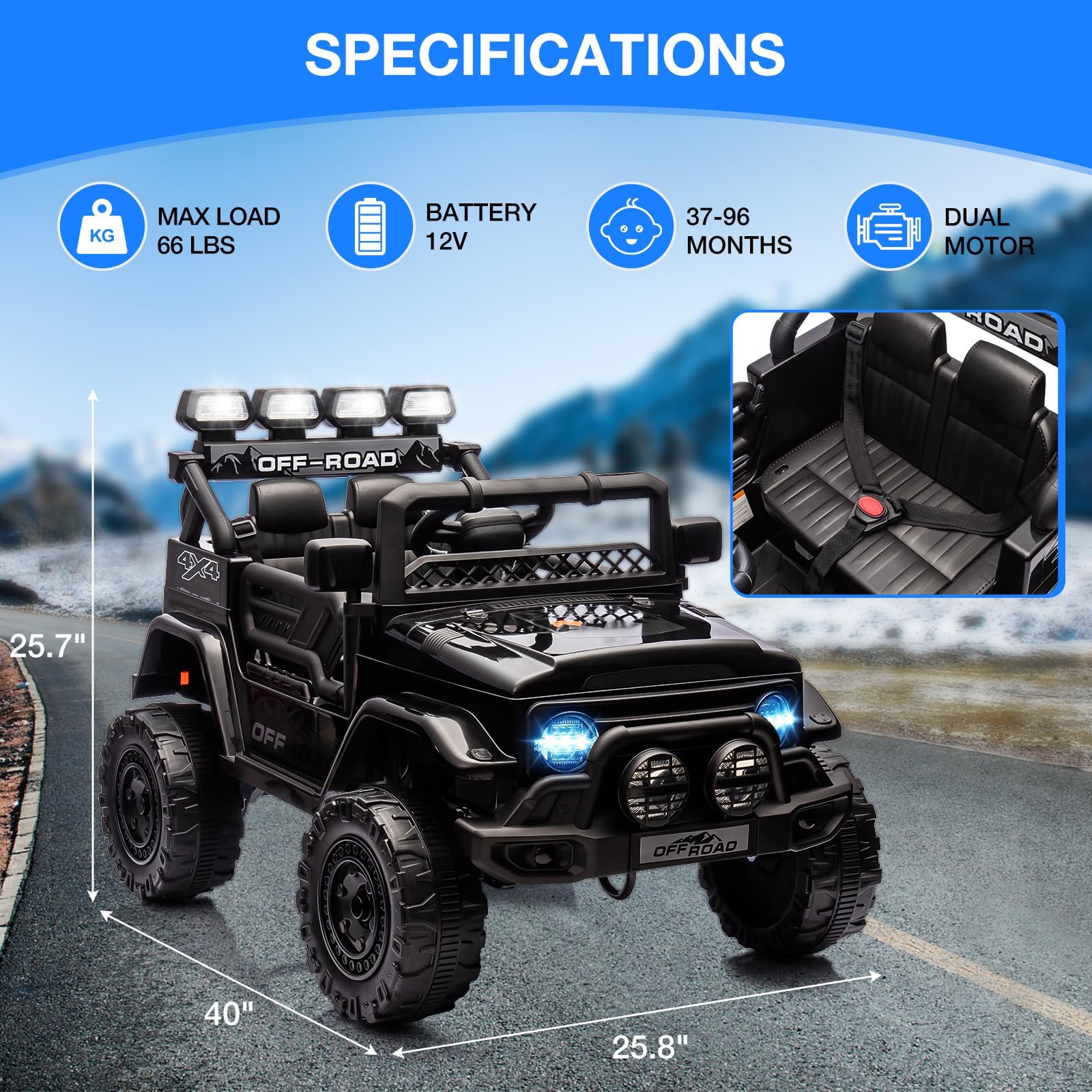 Zstar Coche Eléctrico Infantil de 12V, con Mando Remoto 2,4G Vehículo Jeep Off-Road con Mando Remoto, Lucas LED y Sonido, para Niños 3-6 Años, Regalo Juguete, Negro 102 × 66 × 65 cm