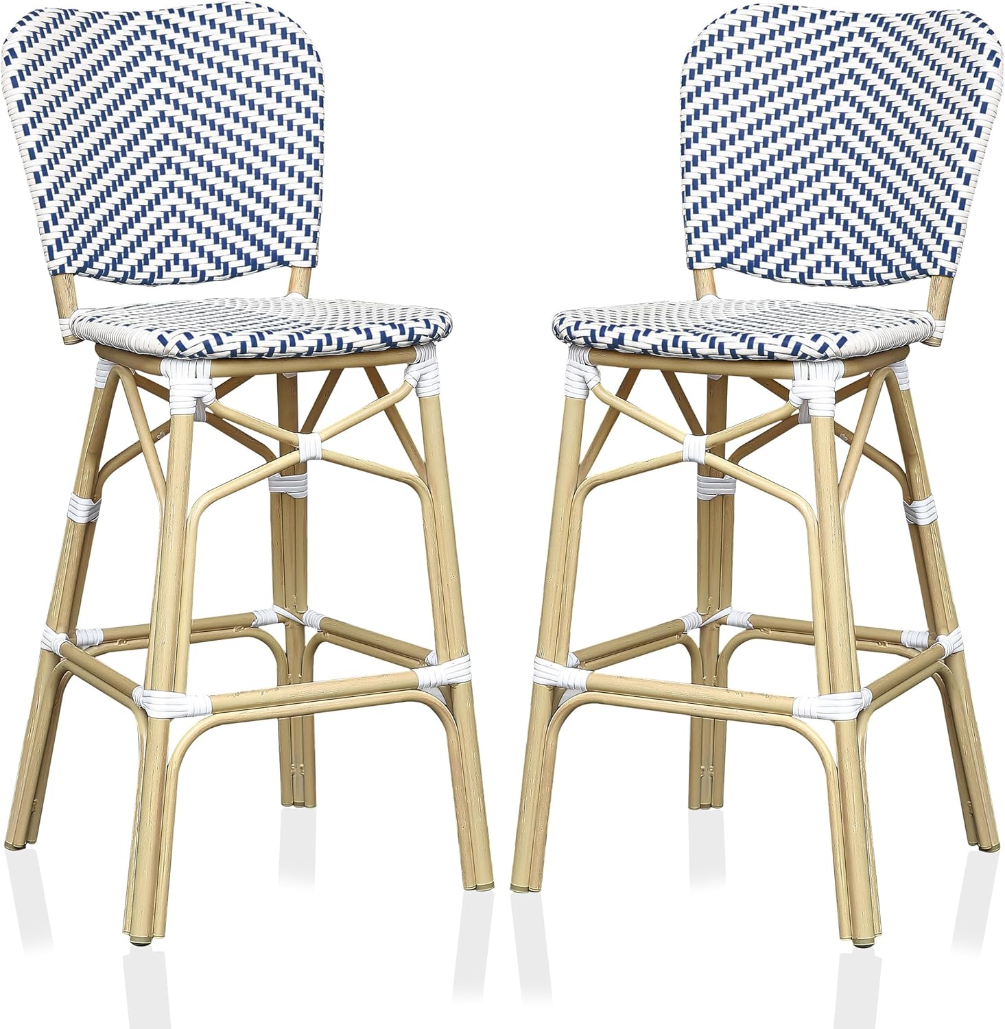 Greemotion Adino Coastal Aluminum and All-Weather Wicker 44.75 in. H Outdoor Armless Bar Chair Set of 2 for Outdoor Kitchen, Patio, Pool Area, Navy and Natural