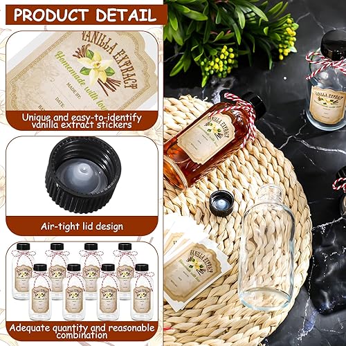 Miniatura 3 de Uiifan 8 botellas redondas de extracto de vainilla de 4 onzas con tapas, botella de vidrio y 8 etiquetas de extracto de vainilla para regalo de