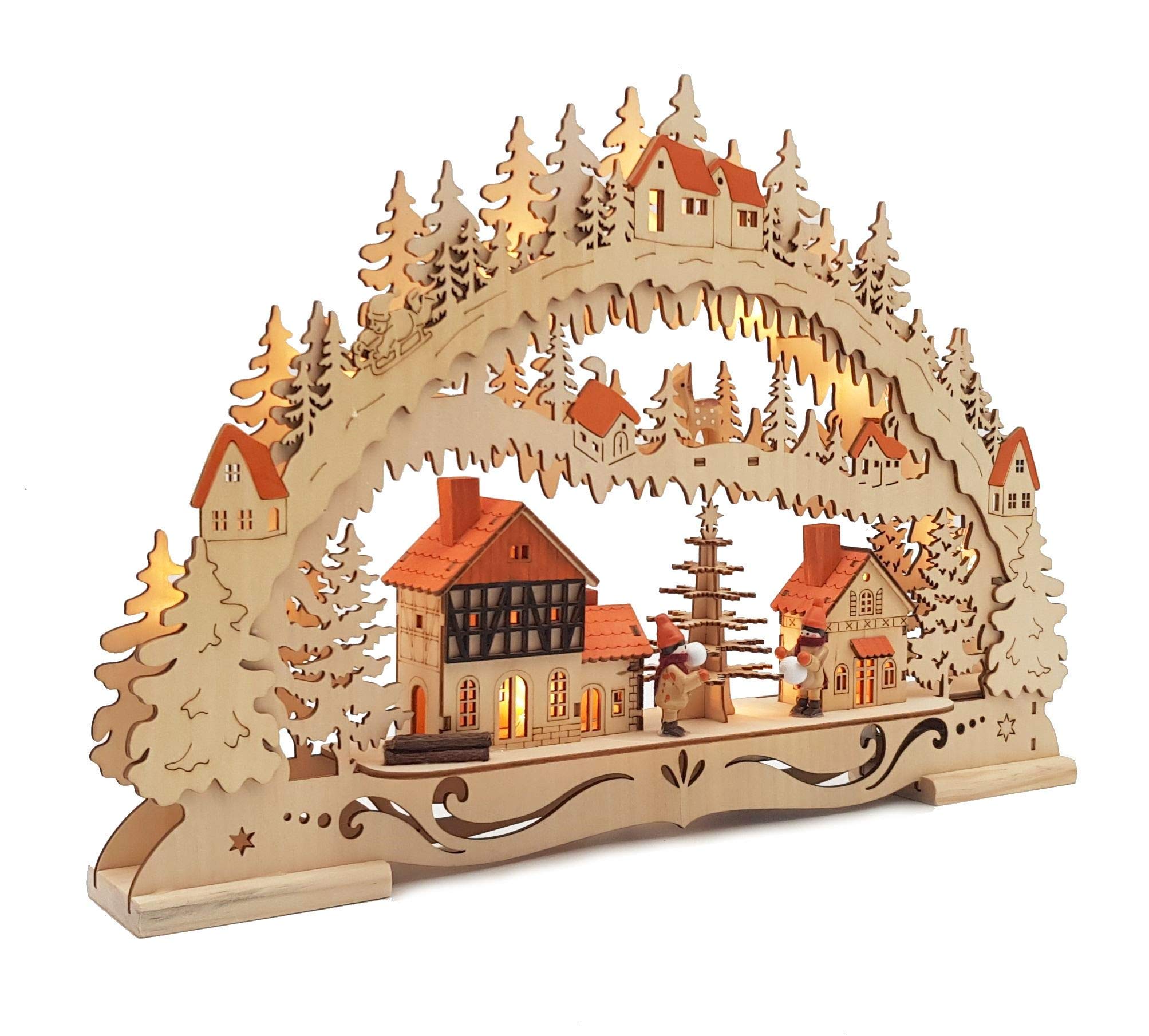 Wichtelstube-Kollektion Holzkunst LED Schwibbogen Weihnachtsstadt Schwippbogen Lichterbogen, Weihnachtsdeko Fensterbank Echtholz, Batteriebetrieben mit Timer, 44cm Breite