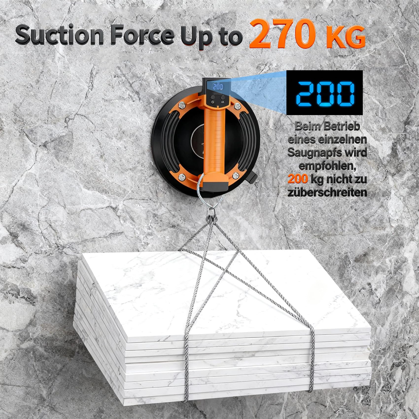 Przyssawka akumulatorowa do płytek, elektryczna przyssawka do szkła z akumulatorem 5000 mAh, przyssawka próżniowa o nośności max. 270 kg z wyświetlaczem LCD do płytek marmurowych i szkła (2