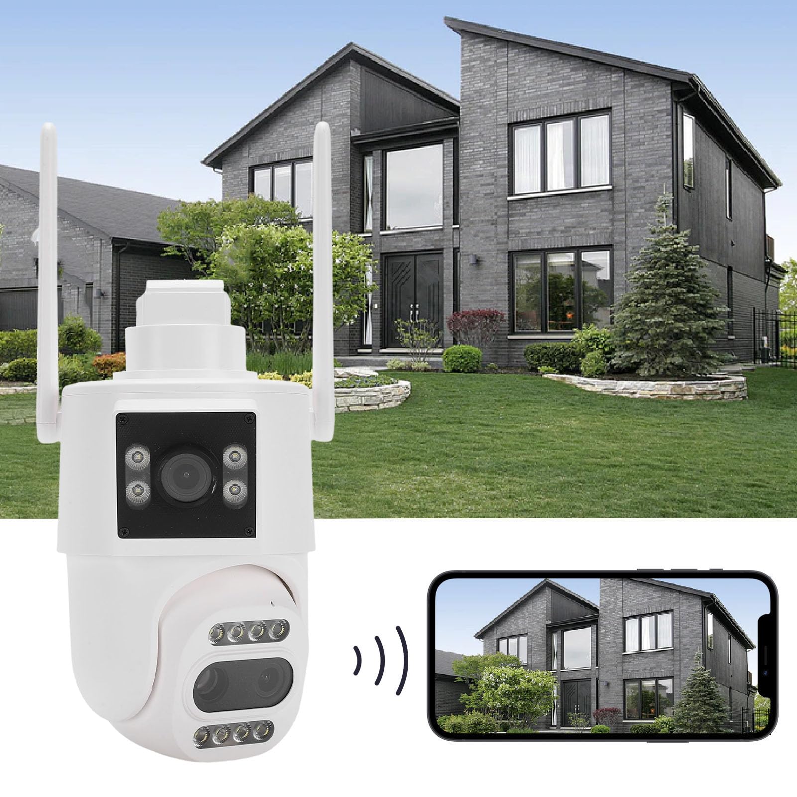 Telecamera di Sicurezza 2K per Interni Ed Esterni, Telecamera di Sorveglianza Domestica WiFi 3 Obiettivi 2.4G con Zoom 10X, Visualizzazione Panoramica e Inclinabile a 360°