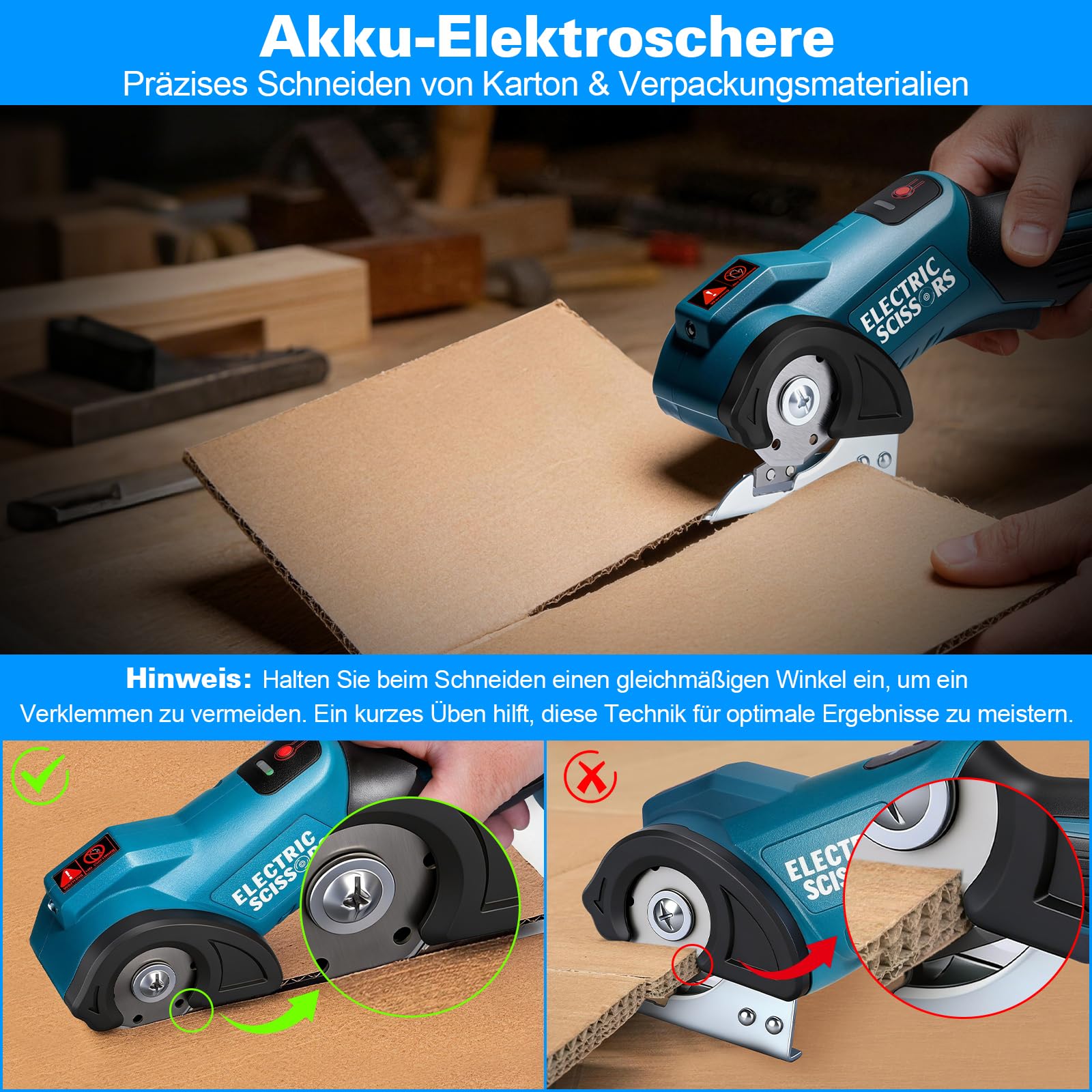 Kartonschneider Elektrisch Schere, 9mm Schnitttiefe, 440U/min Rollschneider | Kabellose Universalschneider mit 2000 mAh Akku, Klinge, LED-Licht und USB-C Ladekabel, Kompatibel mit Makita 18V Akku