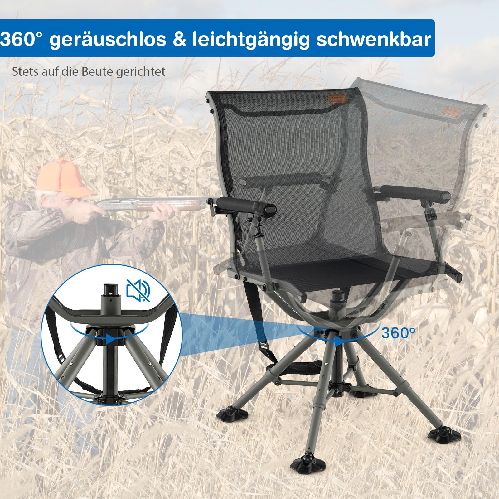 campingstuhl drehbar GYMAX 360° drehbar, Jagdstuhl mit Rückenlehne, Jagdsitz mit verstellbaren Armlehnen & drehbaren Füße, Angelstuhl bis 180 kg belastbar, Klappstuhl höhenverstellbar, zum Jagen & Campen Sonstiges alesis compatible drum clamp Model:GTS Reverse Black One Pedale
