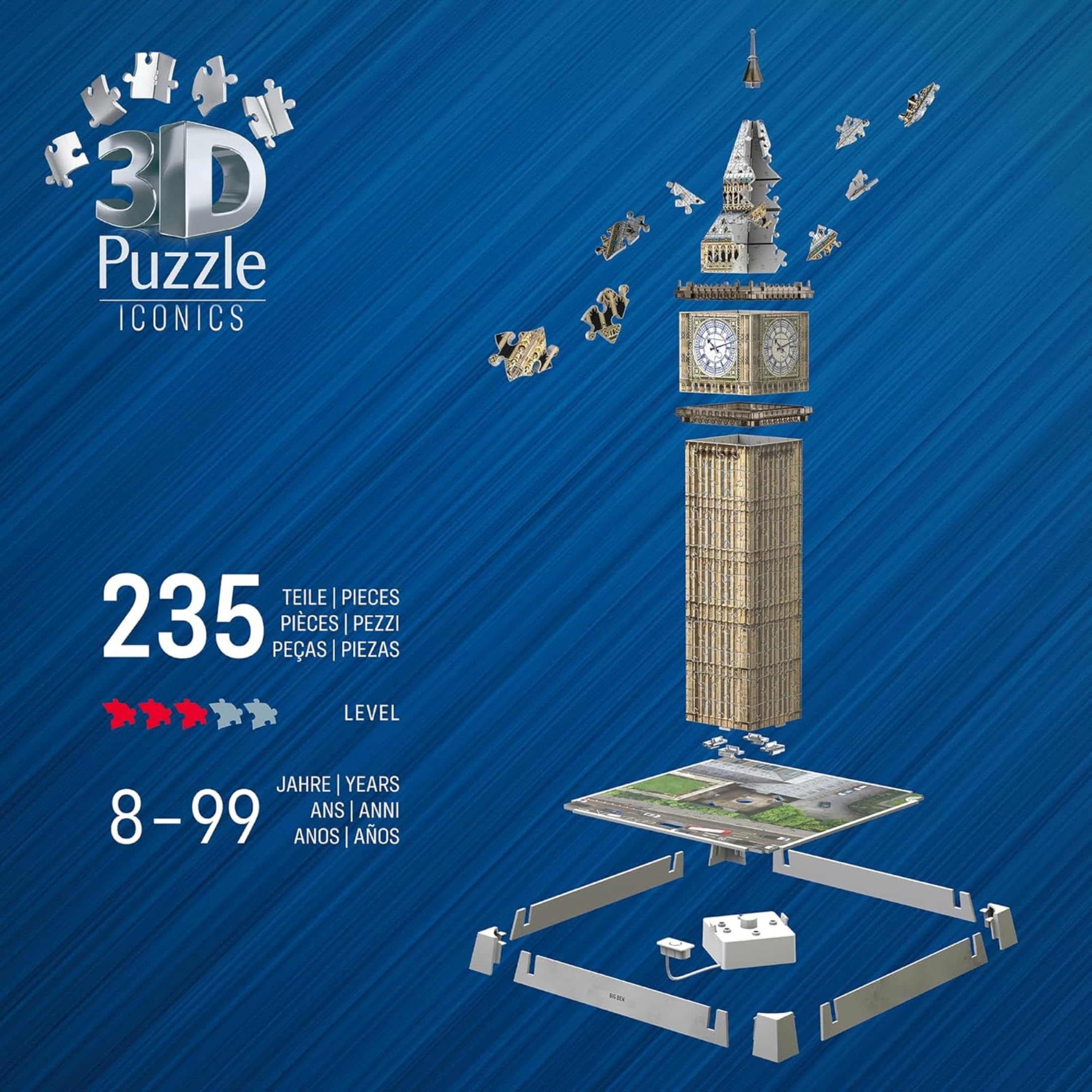 Ravensburger - Puzzle 3d Iconics Big Ben LED | Puzzle 3d Per Adulti E Bambini A Partire Dagli 8 Anni | Modellismo Da Costruire Adulti Di 216 Pezzi | Regalo Bambino 8 Anni E Più