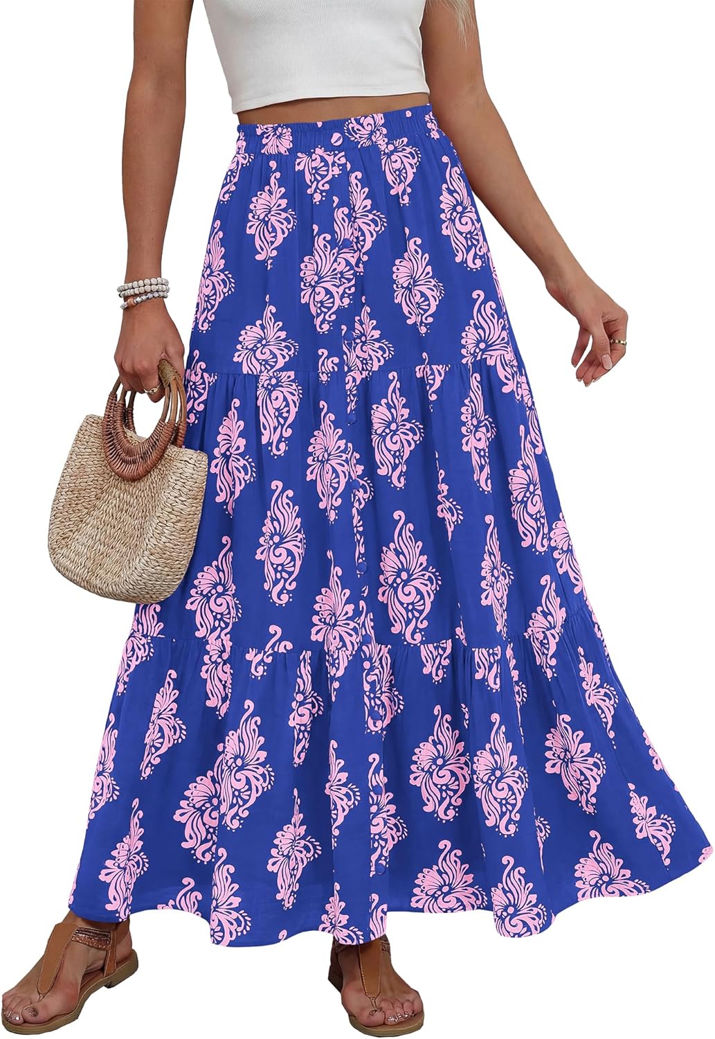 BTFBM Maxi Skirts for Women Summer Outfits Elastic High Waist A Line Boho Beach Vacation Cruise Floral Long Skirt 2026