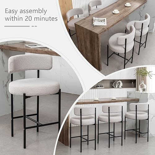Vista 20 de Boucle - Juego de 2 taburetes de bar modernos de 24 pulgadas con respaldo, taburetes de bar tapizados para isla de cocina, bar, cafetería (beige)
