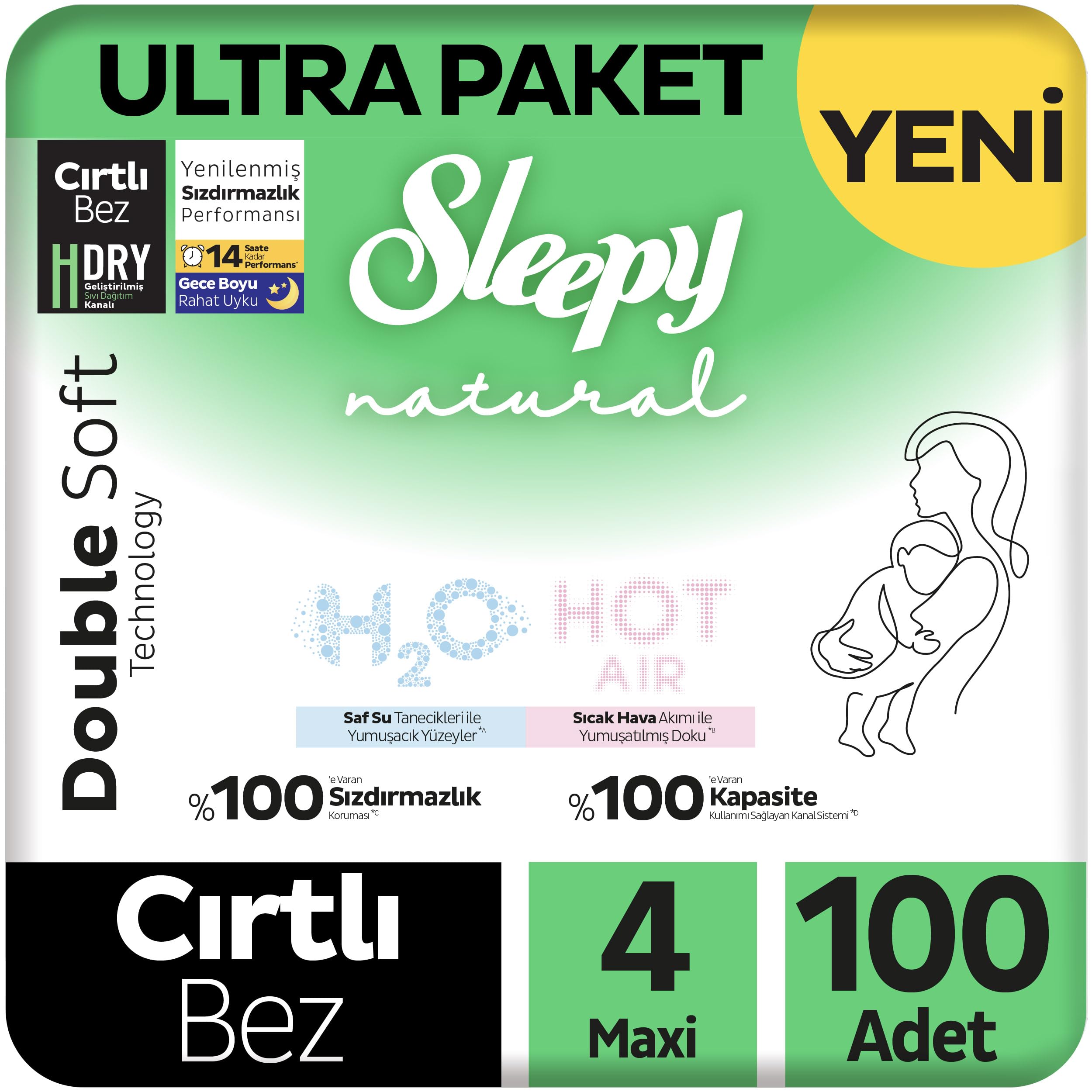 Sleepy Natural Double Soft Ultra Paket Bebek Bezi 4 Numara Maxi 100 Adet