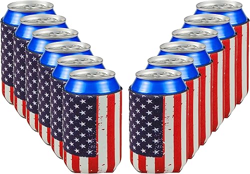 12 fundas enfriadoras de latas, con bandera estadounidense, refrescos, cerveza, bebidas, soporte plegable aislado para vidrio o botella para el Día