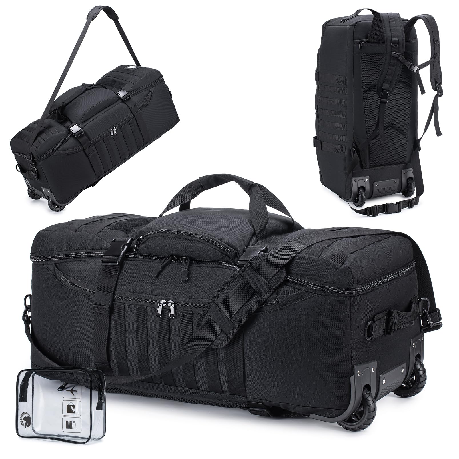 KSIBNW Rolling Duffel Bag with Wheels and Handle, 4 In 1 Tactical 86L Military Backpack with Hidden Straps,Waterproof Wheeled Large Duffle Bag for