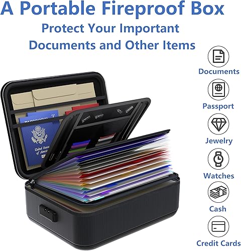 Miniatura 8 de TIGERKING Caja fuerte de documentos a prueba de fuego con cerradura y asa, organizador de documentos ignífugo con carcasa dura, caja fuerte portátil