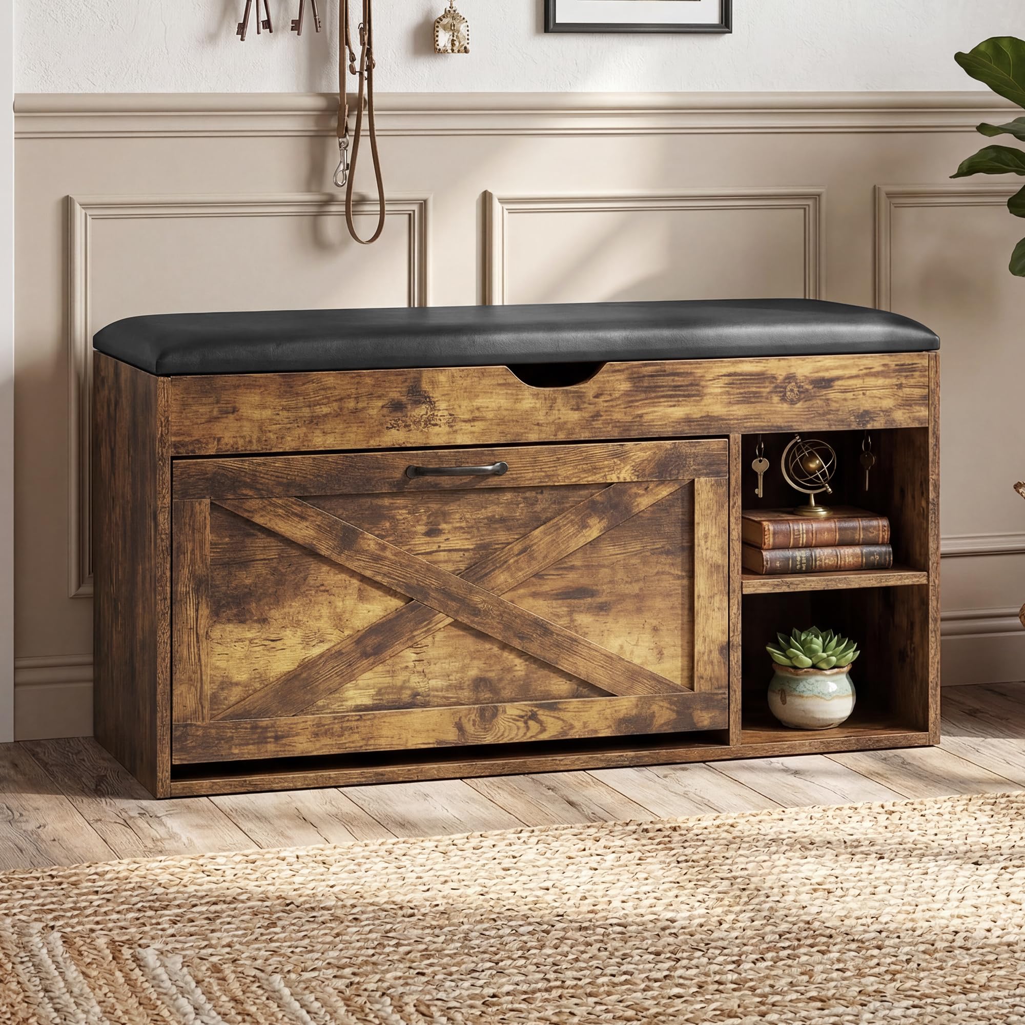 BonVache Banc à Chaussures avec Assise, Banc à Chaussures à 3 Compartiments avec Compartiment de Rangement, étagères réglables, étagère Salon ou l'entrée, Charge maximale de 150 kg, Marron Vintage