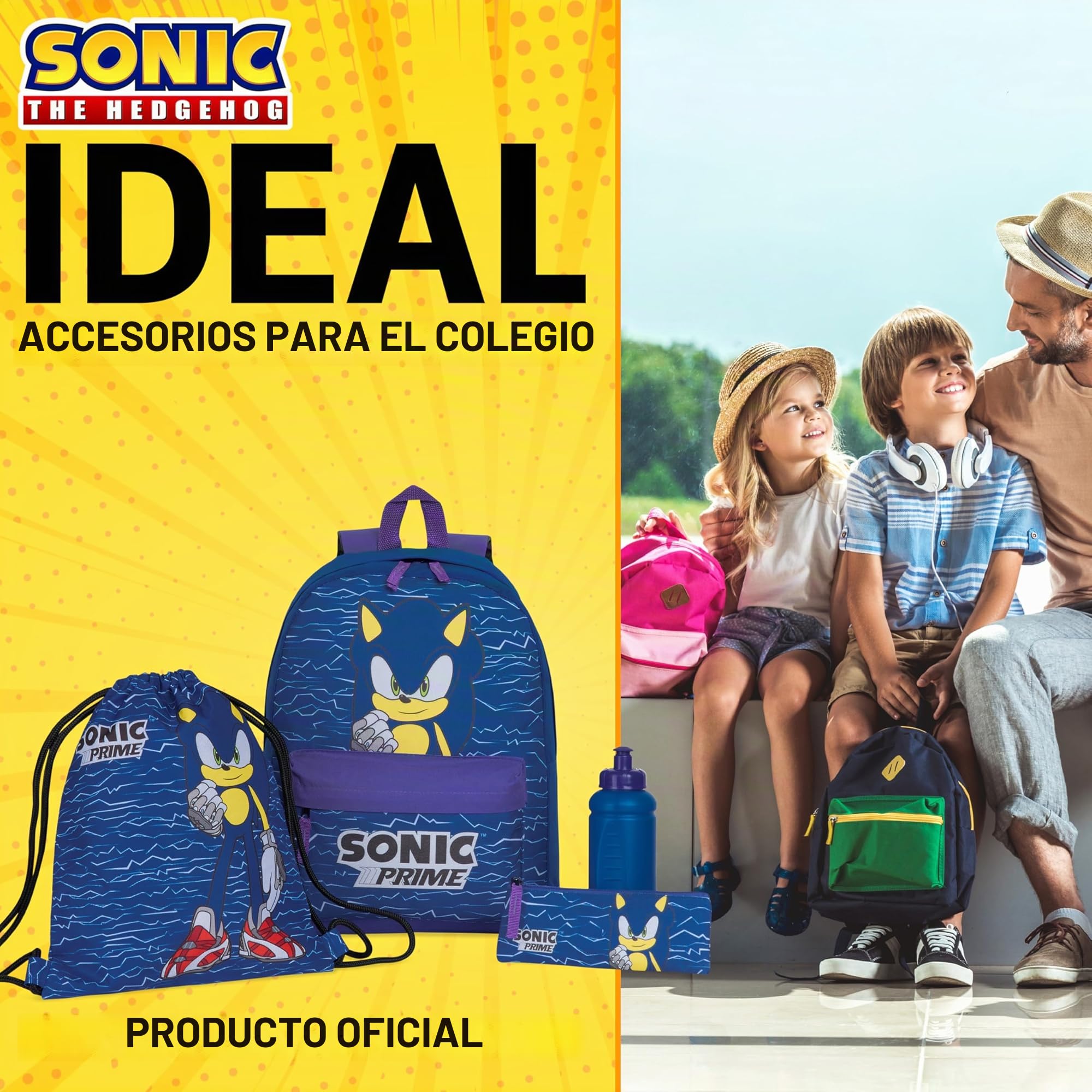 Sonic The Hedgehog Mochila Escolar Niño, Set Escolares de 4 Piezas con Mochila, Bolsa, Estuche y Botella Agua para Niños