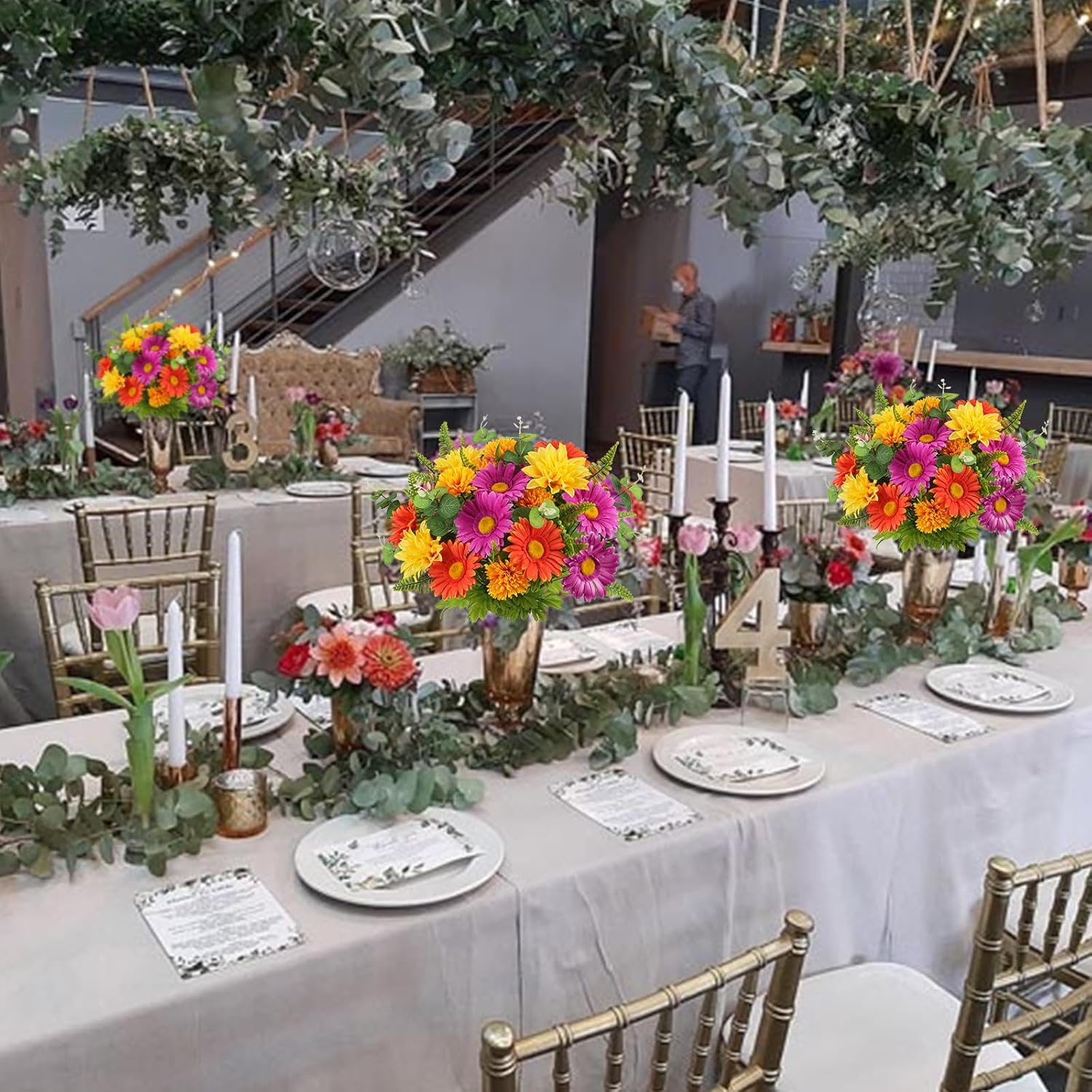 2 Bundles Artificial Flowers for Cemetery Faux Gerbera Daisies Bouquets Fake Silk Flowers Arrangements for Outdoor Decorations Memorial Grave Home Table Vase Wedding Party Indoor (15.74'')