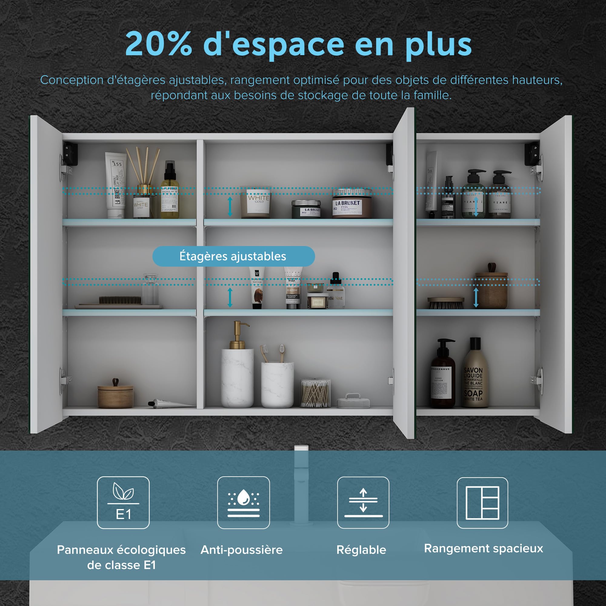 Sogood doporro Armoire Murale Salle de Bains avec Miroir 120x15x70cm | Placard de Rangement, Étagères Réglables, Blanc Mat, en Bois, Spiegelschrank02