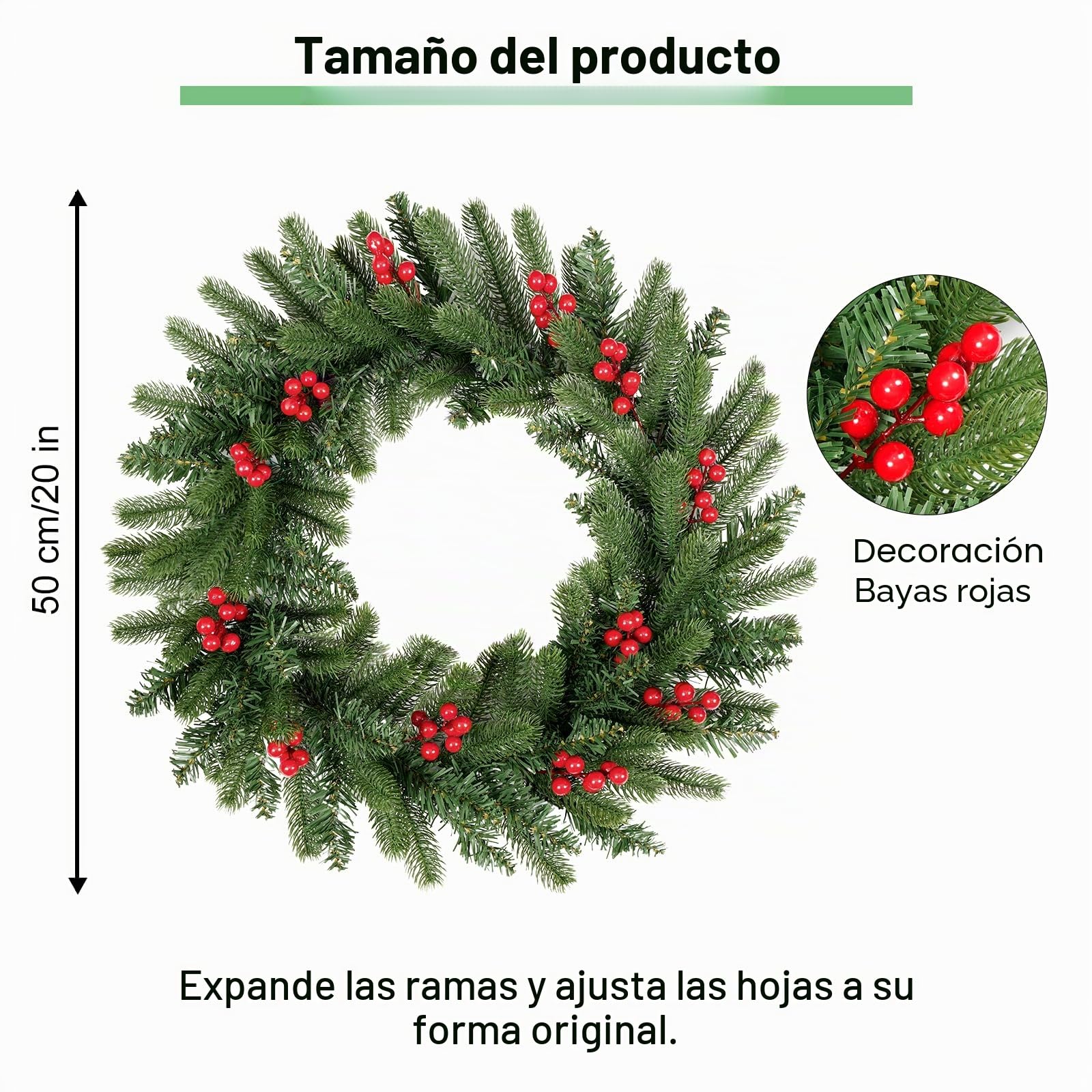 Uten Corona Navidad Grande, 50 cm, con 12 Frutos Rojos, Material de PVC y PE, Decoraciones Navideñas Puertas, Chimeneas, Ventanas