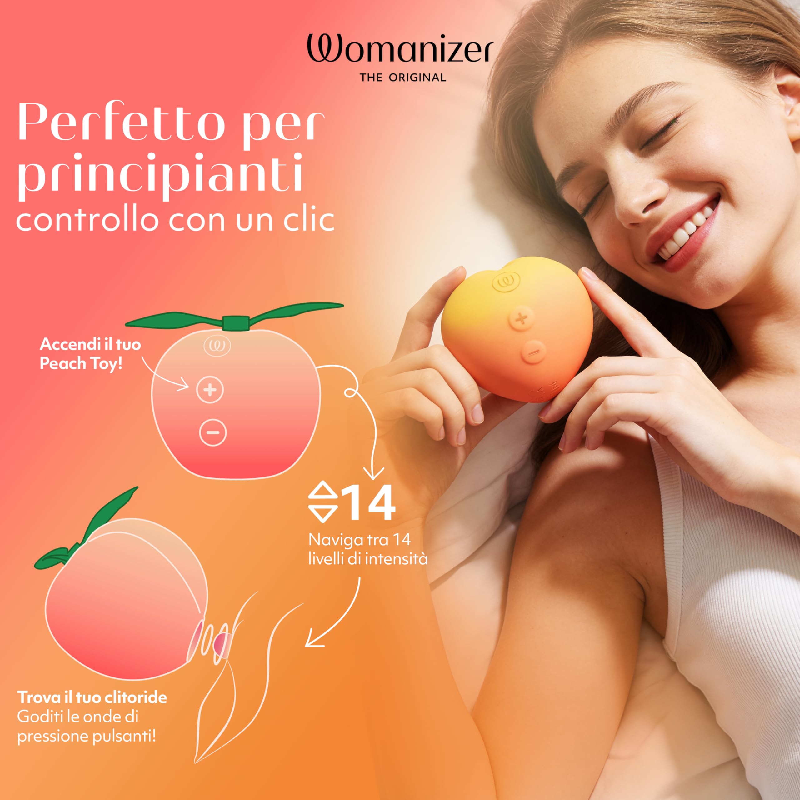 Womanizer Peach Succhia clitoride per donna | Stimolatore clitoride femminile 14 livelli| Ricaricabile | Design pesca | Vibratore clitoride Impermeabile | Sextoys Silenzioso Vibratoreper donna coppie