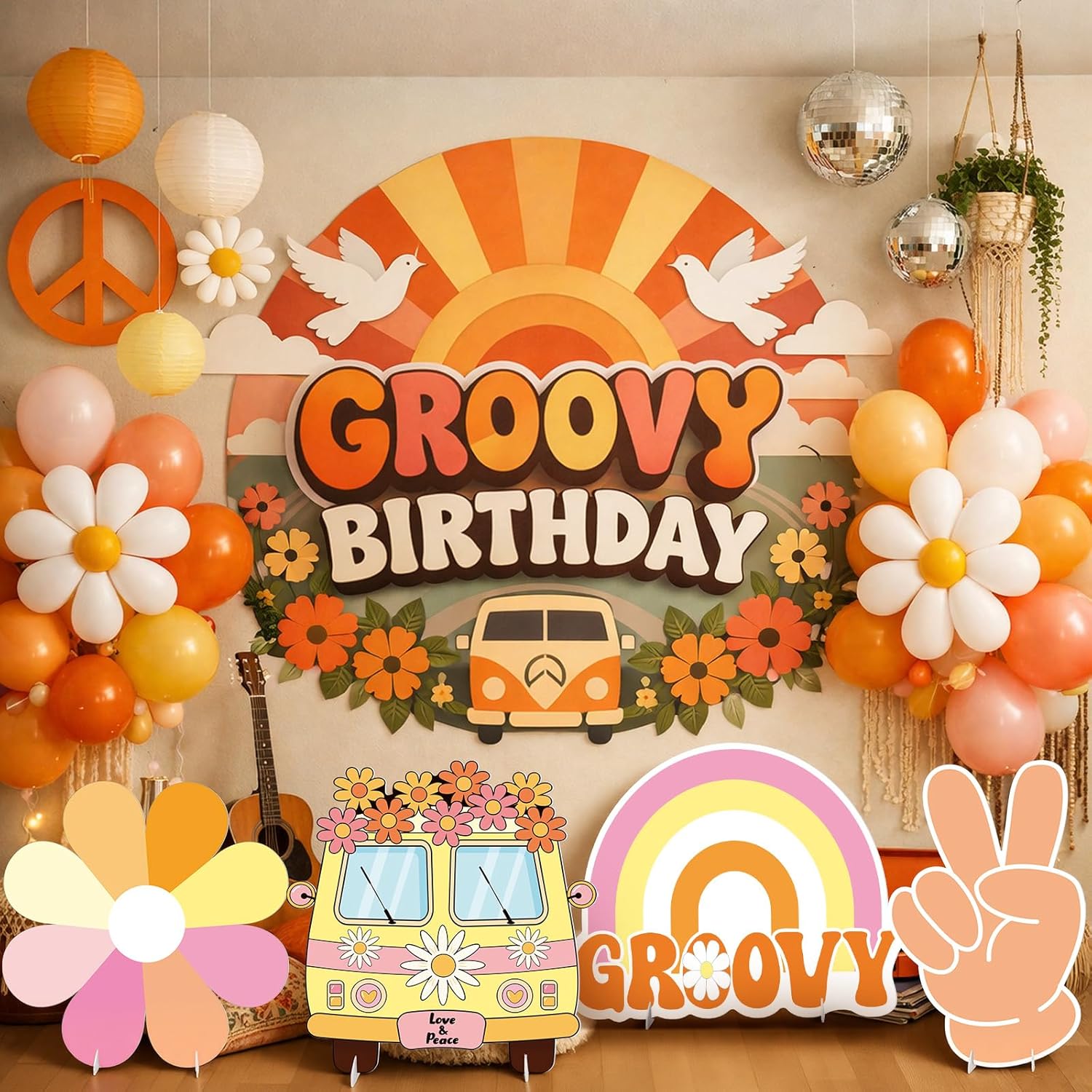 4 Pcs 24 Inch Large Hippie Photo Booth Props Retro Groovy Birthday Party Decorations Boho Bus Daisy Peace Sign Hand Rainbow Frame Backdrop for 60s 70s Hippie Baby Shower Party Supplies