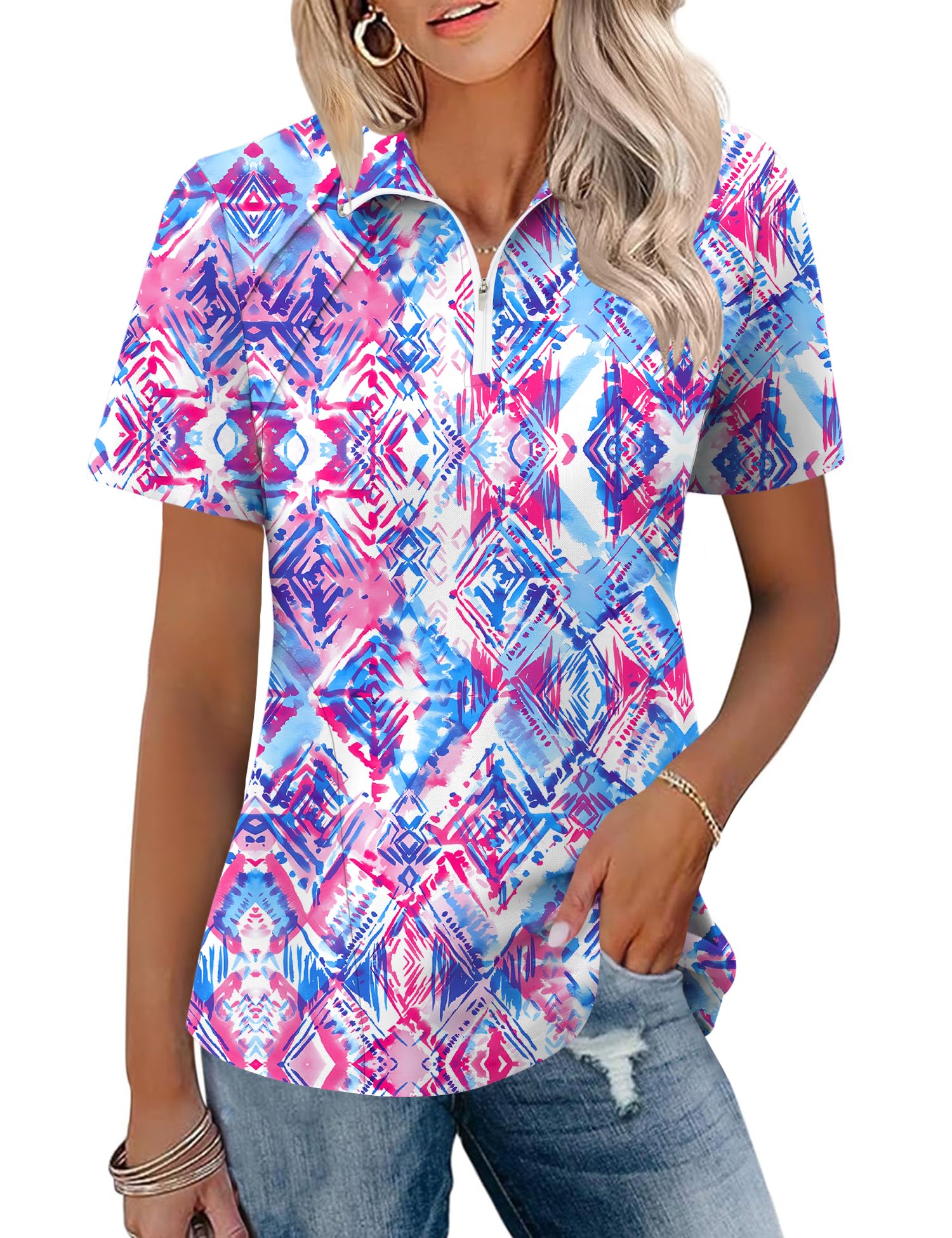 LOMON Womens Golf Polo Shirt Summer Short Sleeve Quarter Zip Outfit