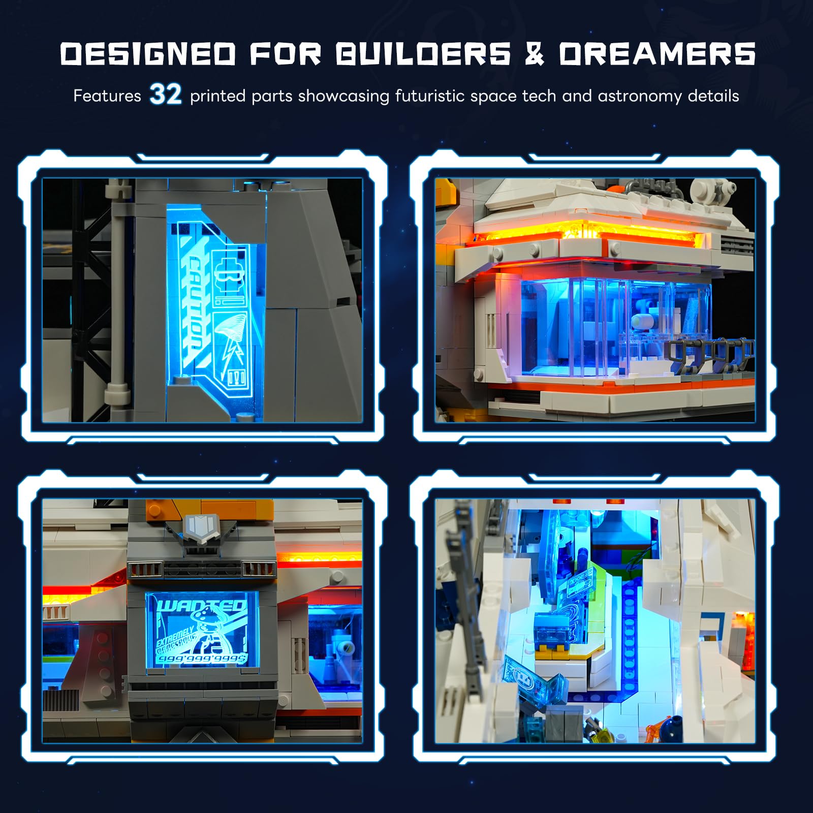 Lumibricks Space Hub Łowcy Nagród podświetlany zestaw klocków – futurystyczny budynek modułowy Alien-Cyberpunk z minifigurkami, 2309 części, prezent dla dorosłych i nastolatków