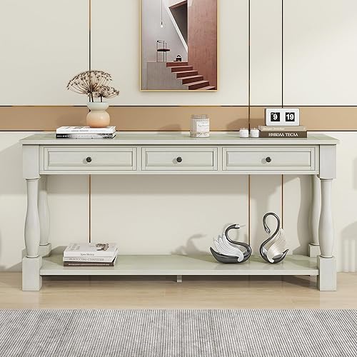 Miniatura 205 de Mesa consola contemporánea con parte superior de madera de hormigón de inspiración industrial, armario de almacenamiento de acento para sala de Gris