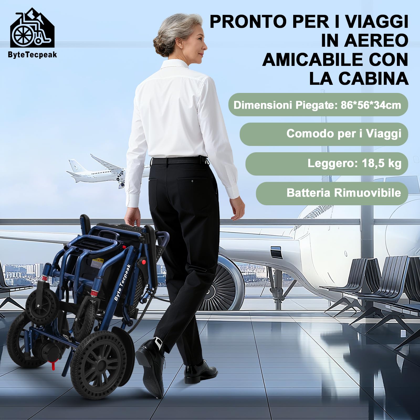 【Versione migliorata】ByteTecpeak D14 Sedia a rotelle elettrica pieghevole per anziani, autonomia di 25 km, motore da 500 W, cuscino di seduta ispessito, adatto per viaggi e standard di imbarcare-Blu