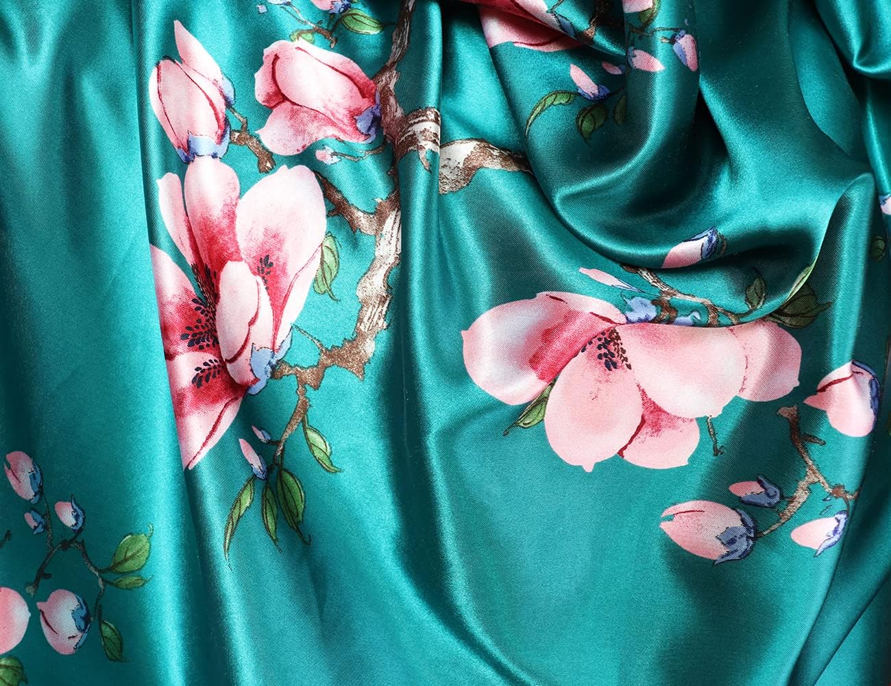 vabovin Silk Like Head Scarf, Women's 35'' Satin Large Square Hair Scarves and Wraps Headscarf for Sleeping 0129- Blue Green Flowers