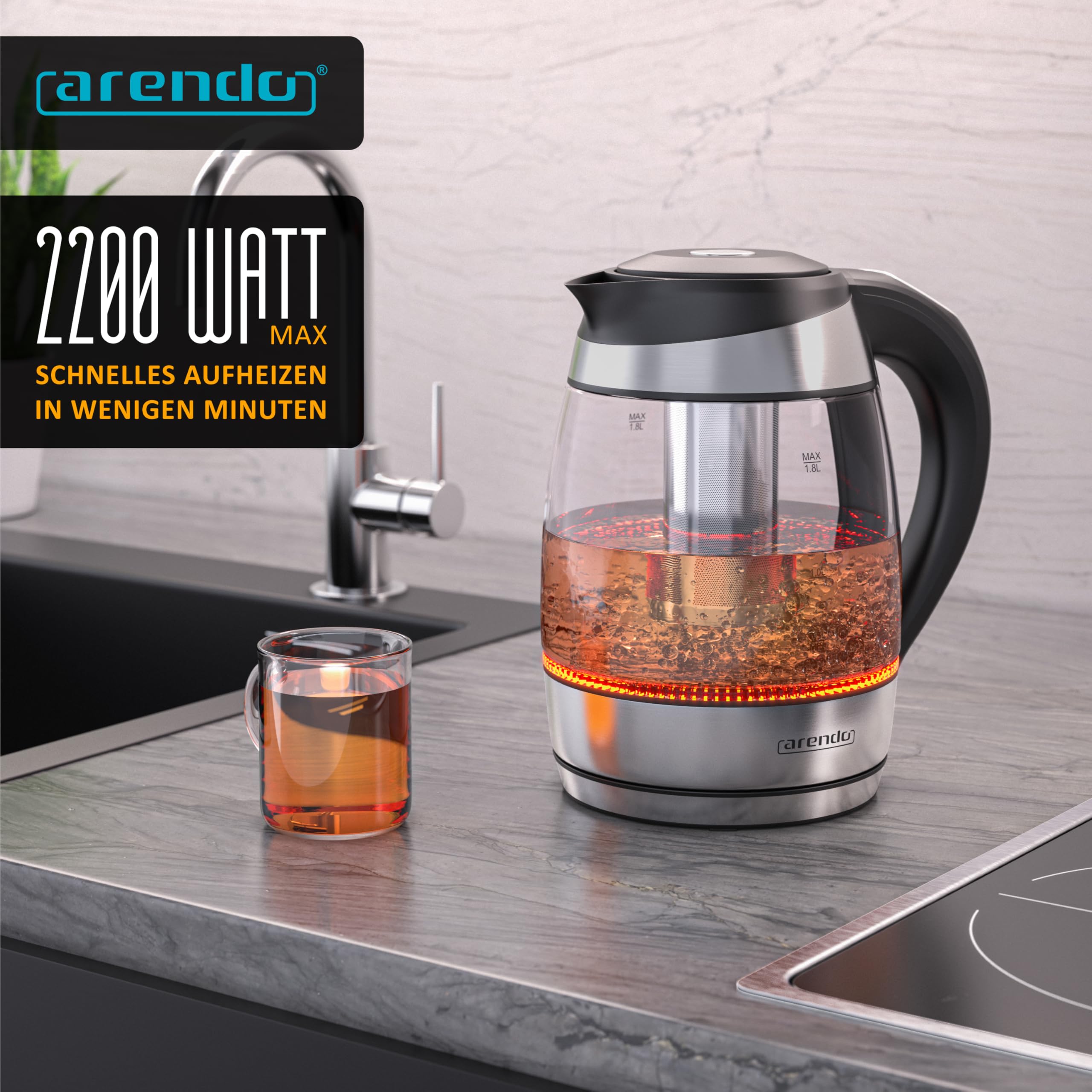 Arendo - Glas Wasserkocher mit Temperatureinstellung - mit Teesieb - Kabellos - 2200 W - 1,8L – Überhitzungsschutz – Temperaturauswahl 40° - 100°C - Warmhaltefunktion - LED Beleuchtung