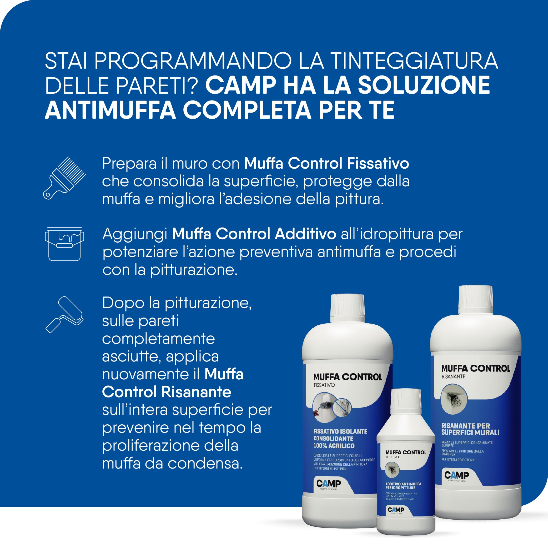 CAMP Trattamento Completo Rimuovi Muffa, 300 ml + Muffa Control Risanante, 1 L - Rimuove rapidamente muffe, muschi e licheni, Risana le superfici, Efficacia Duratura